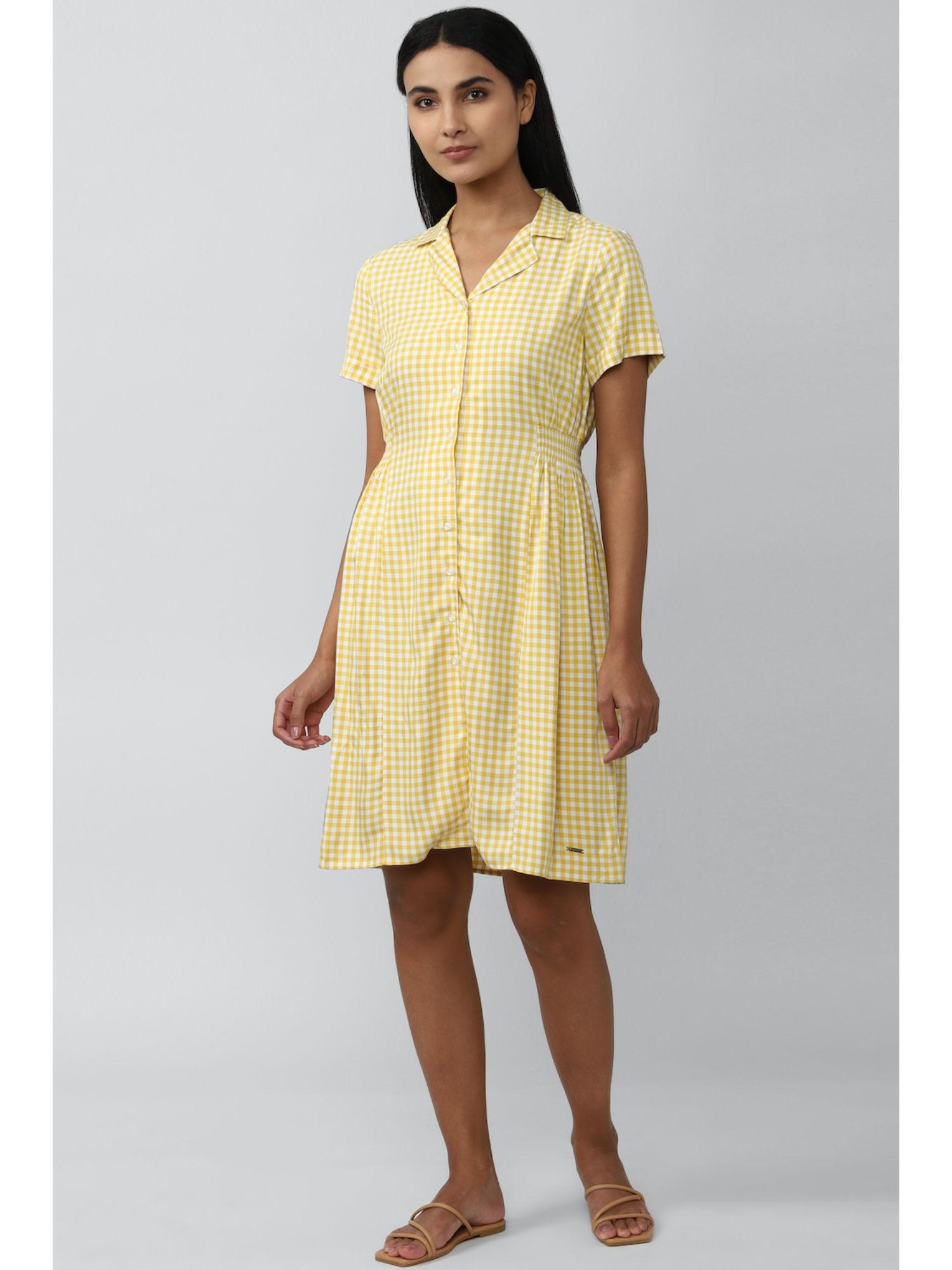 women yellow check knee length casual dress