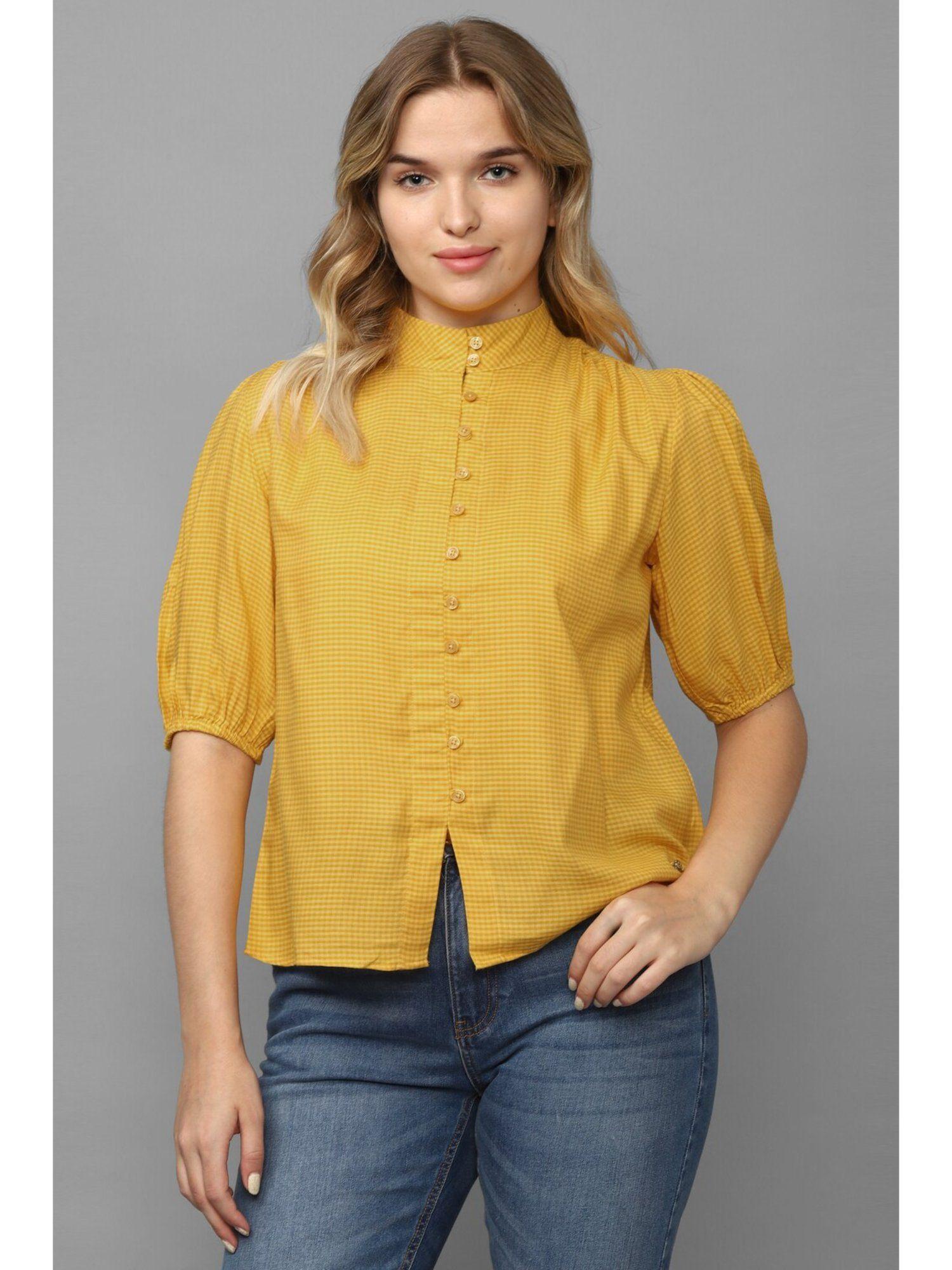 women yellow check short sleeves shirt