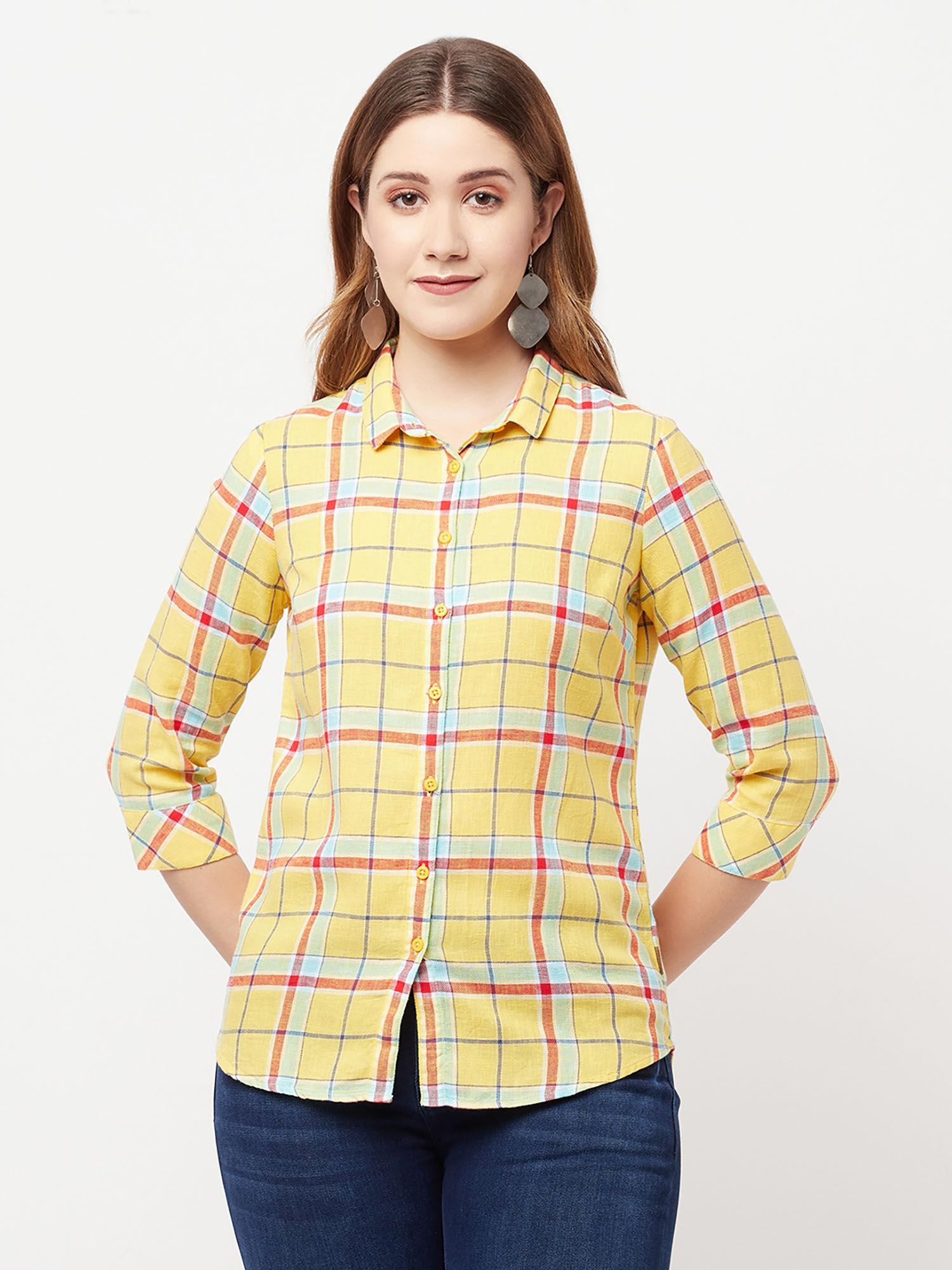 women yellow checked shirt