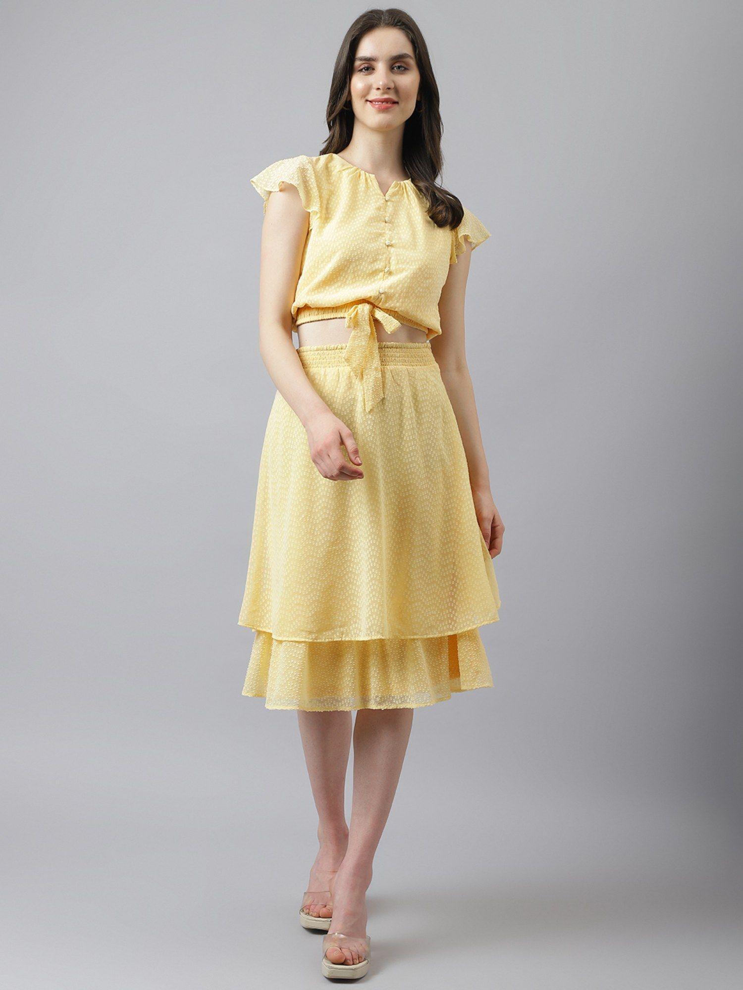 women yellow co-ord set with a line skirt & knotted top (set of 2)