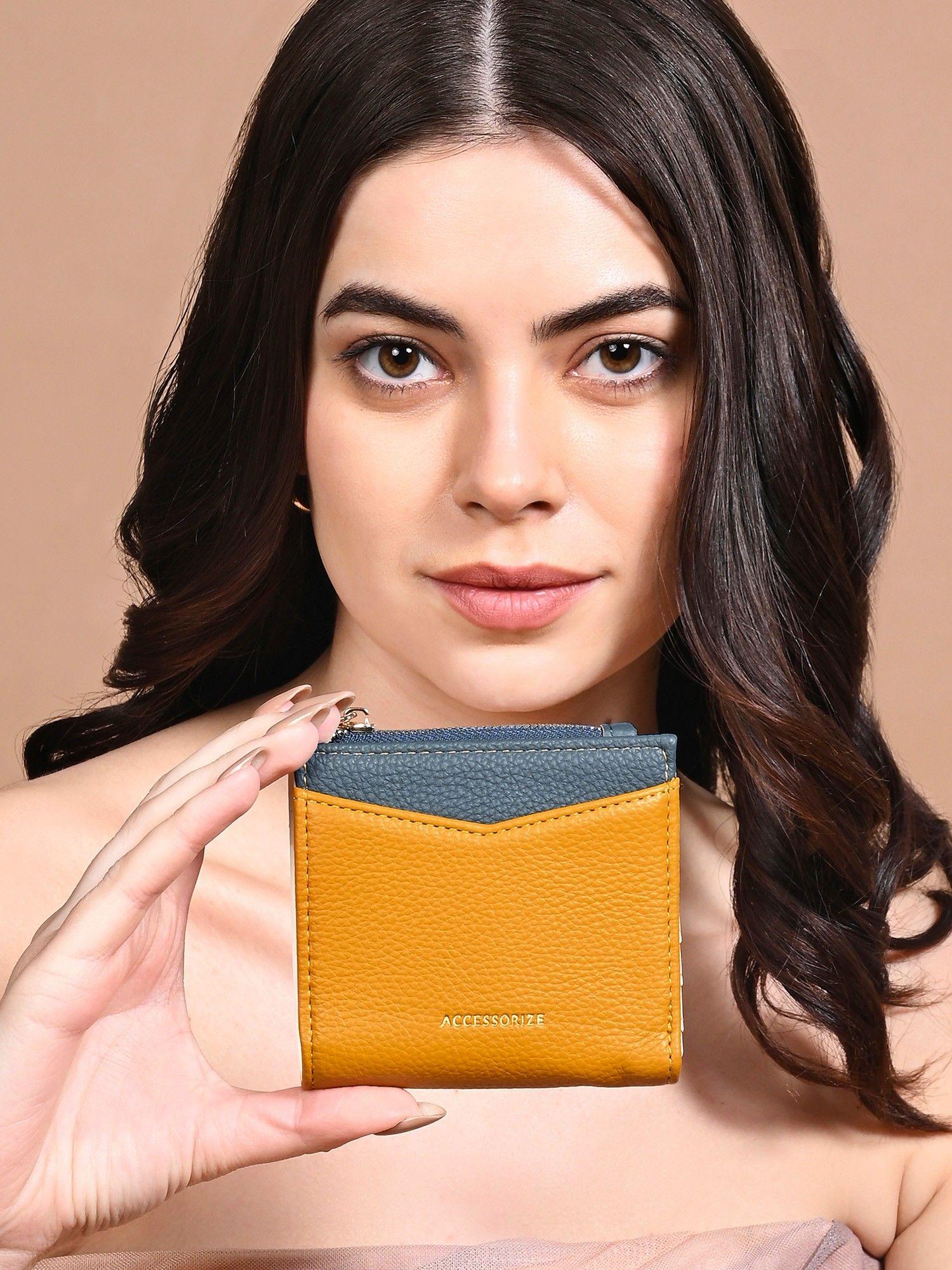 women yellow colour block bi fold multi compartment wallet