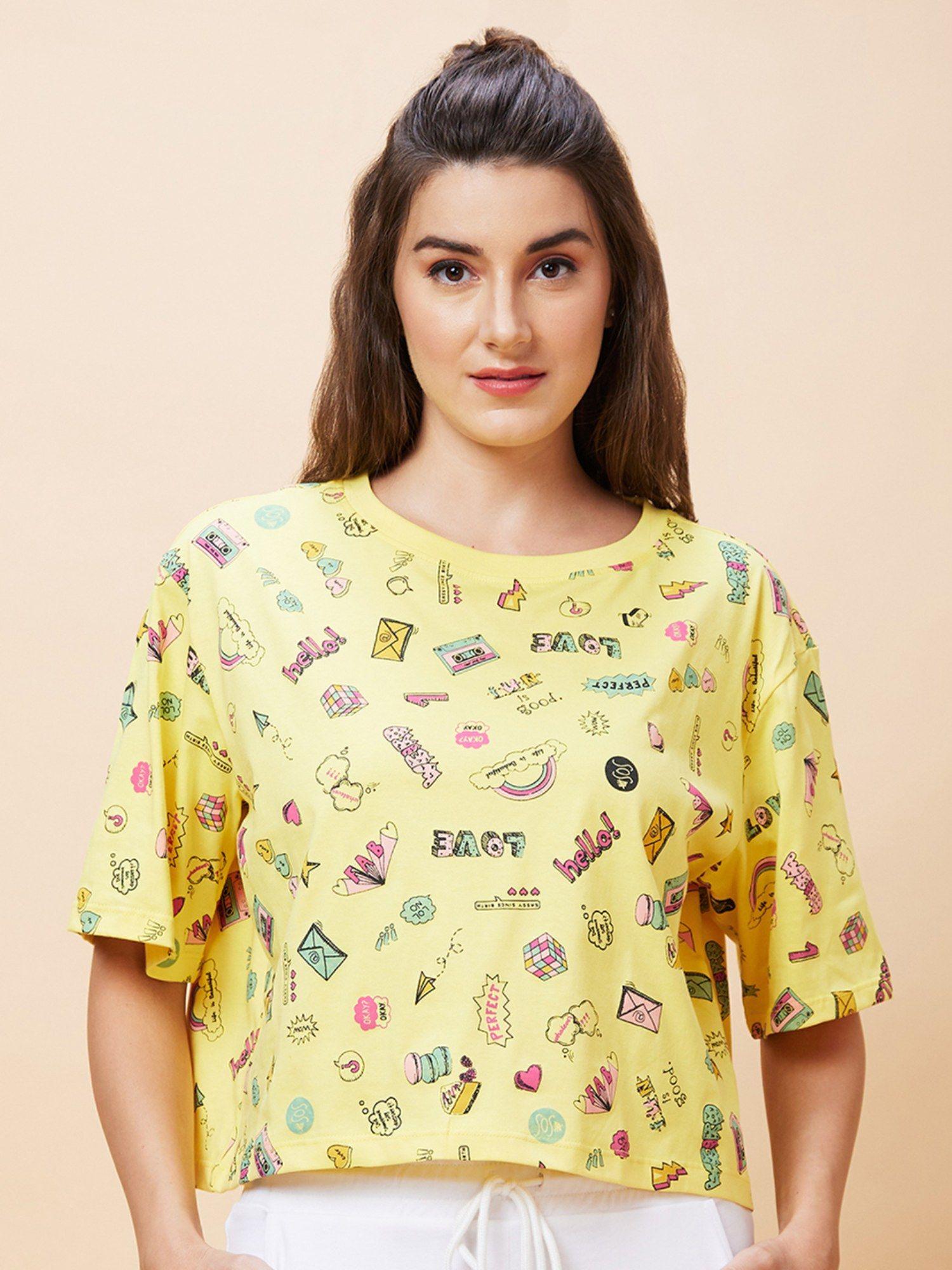 women yellow conversational print round neck casual boxy fit crop t-shirt