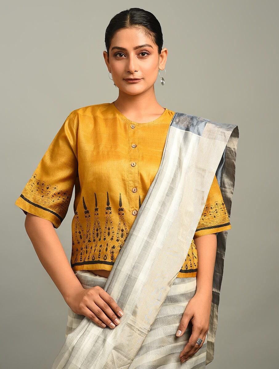 women yellow cotton block print saree blouses