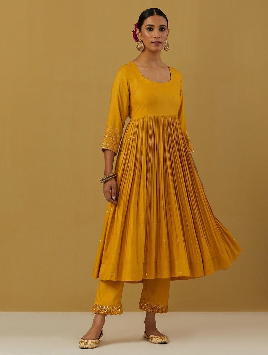 women yellow cotton embroidered scoop neck anarkali regular kurta with pants