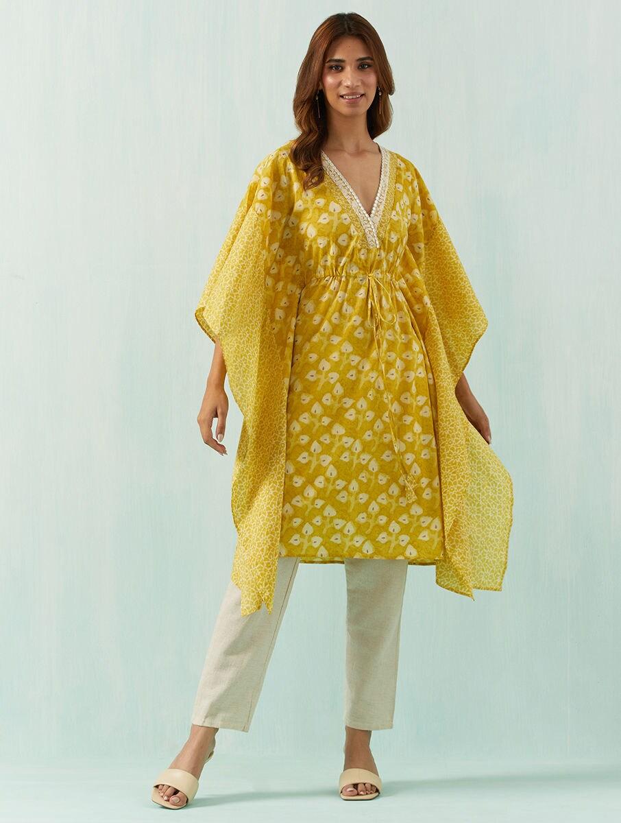 women yellow cotton embroidered v neck kaftan