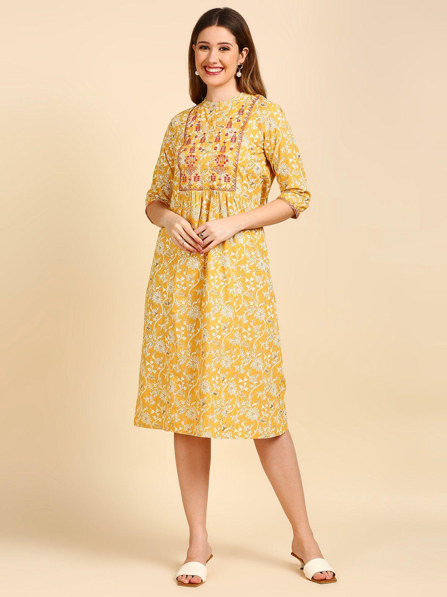 women yellow cotton floral ethnic a-line midi dress