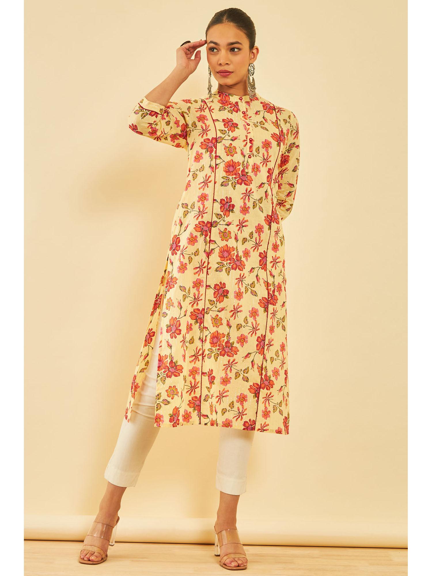 women yellow cotton floral kurta