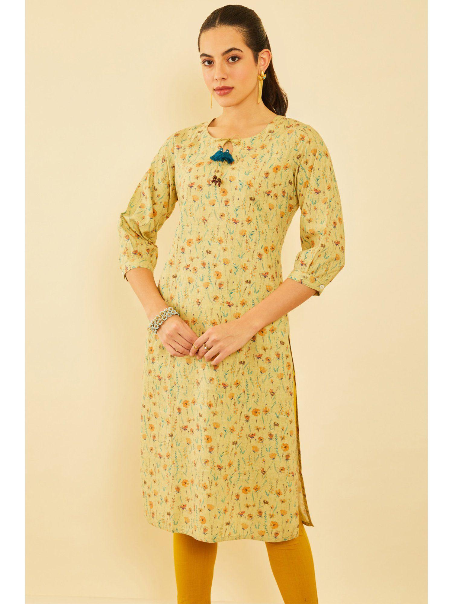 women yellow cotton floral print kurta