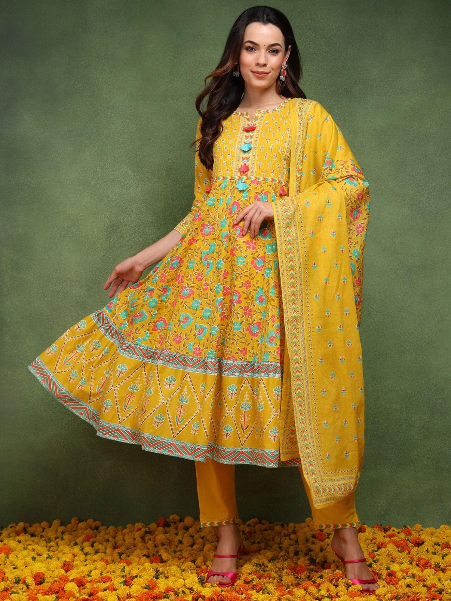 women yellow cotton floral printed anarkali kurta with pant and dupatta (set of 3)