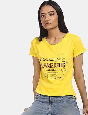 women yellow cotton graphic print t-shirt