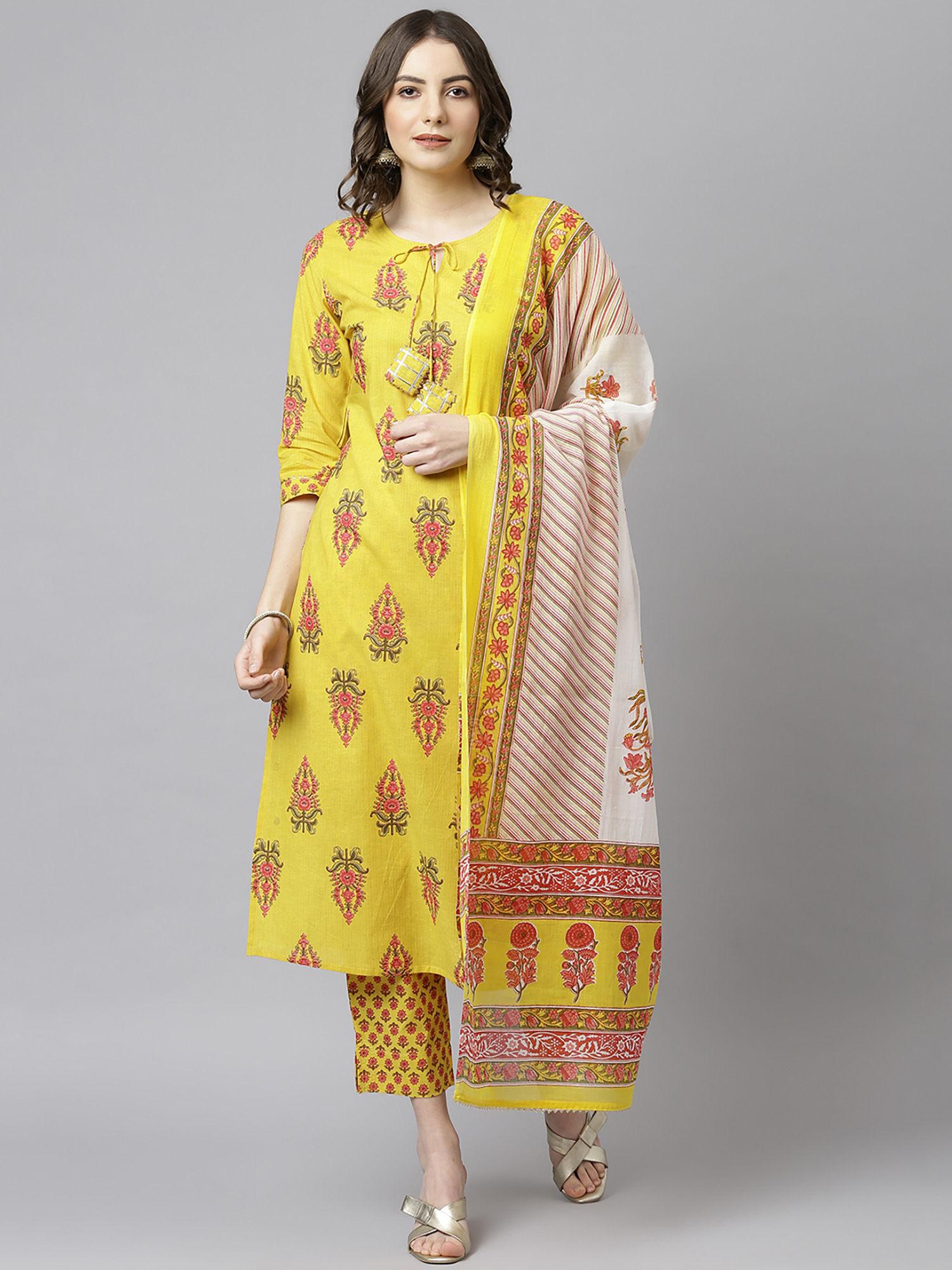 women yellow cotton kurta with pant and dupatta (set of 3)