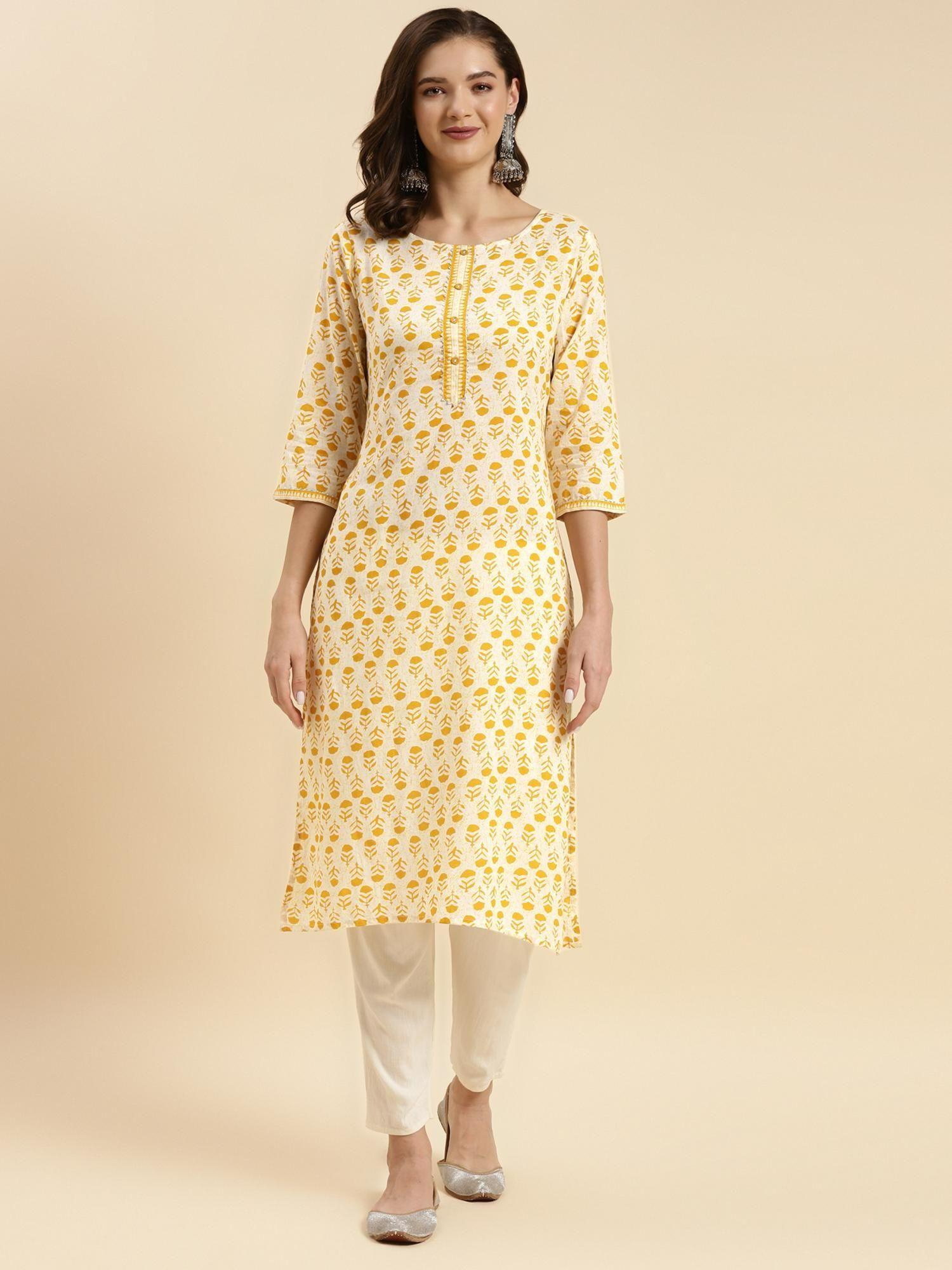 women yellow cotton printed calf length straight kurta