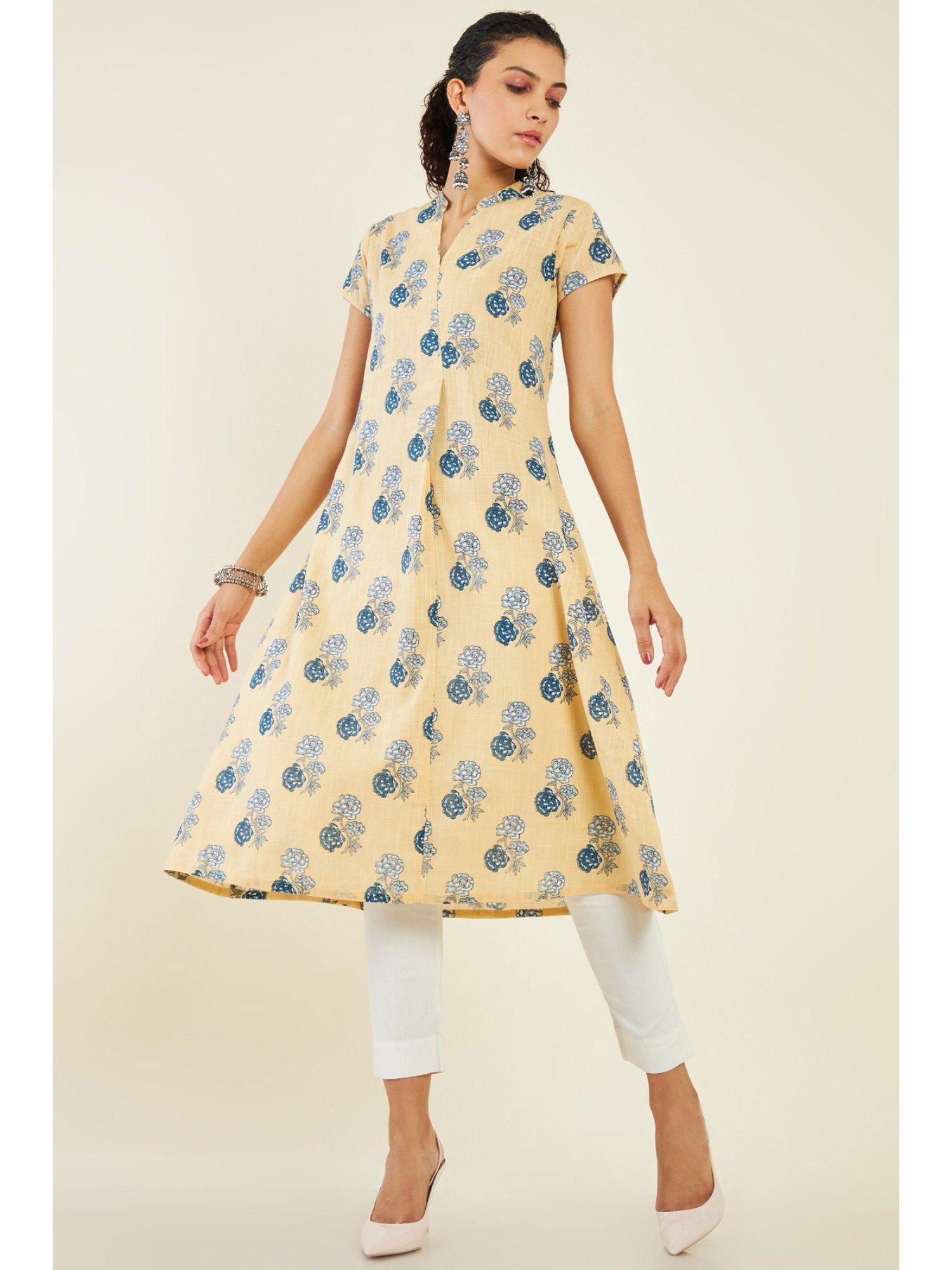 women yellow cotton printed kurta