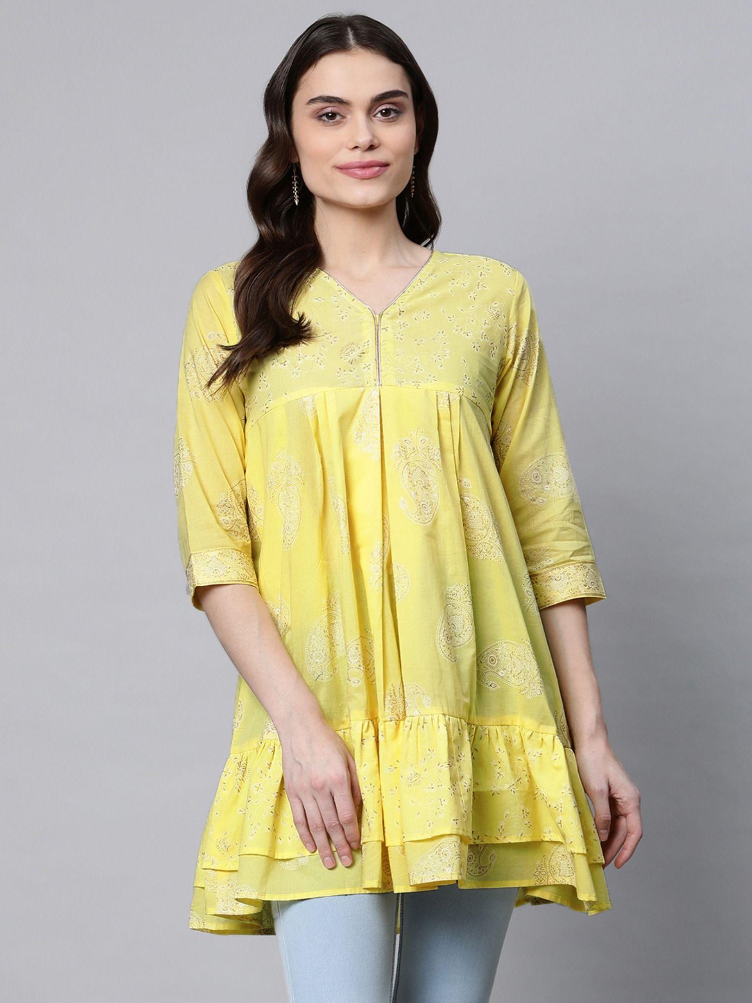 women yellow cotton printed tunic