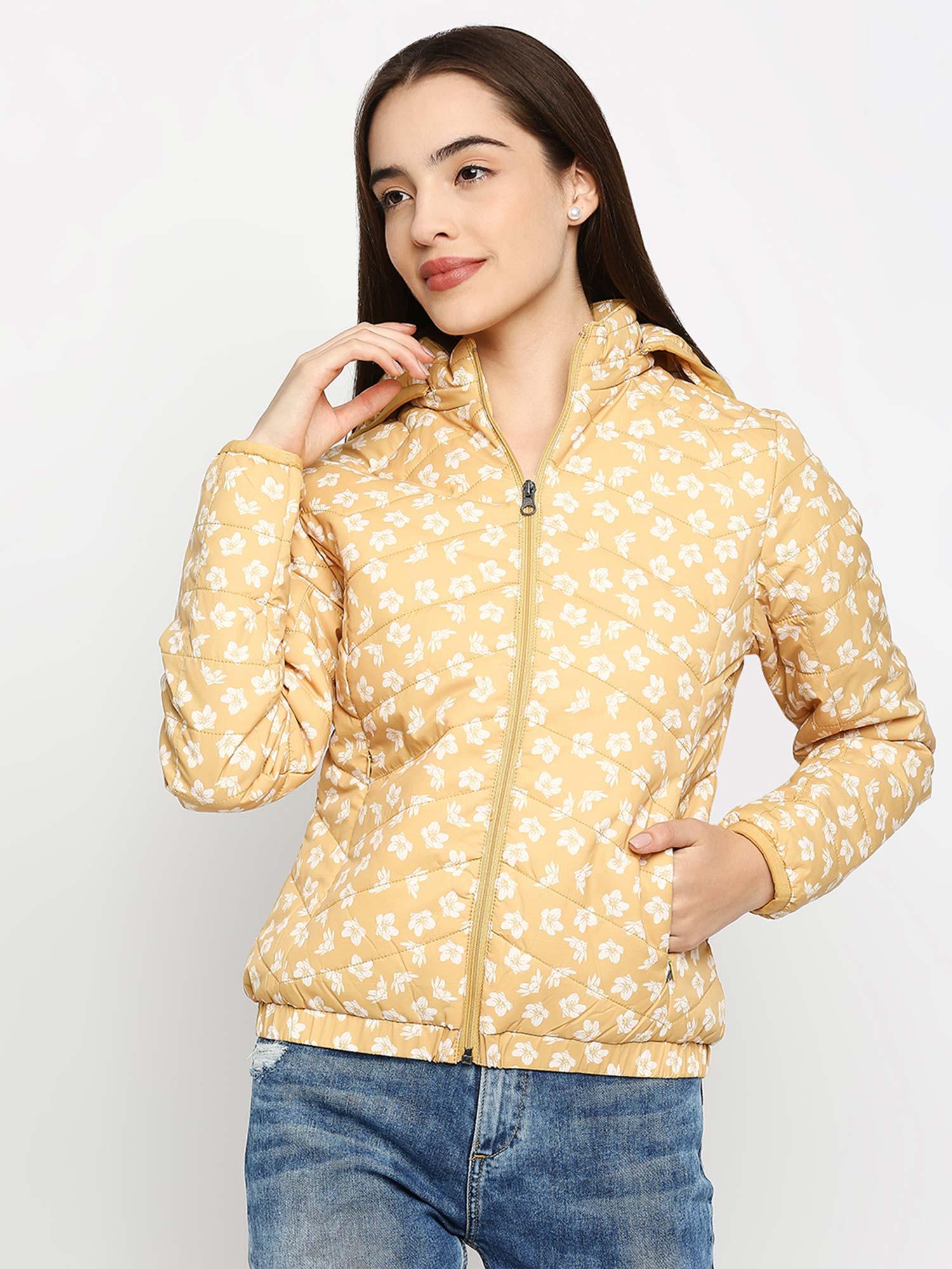 women yellow cotton regular fit hoodie jacket