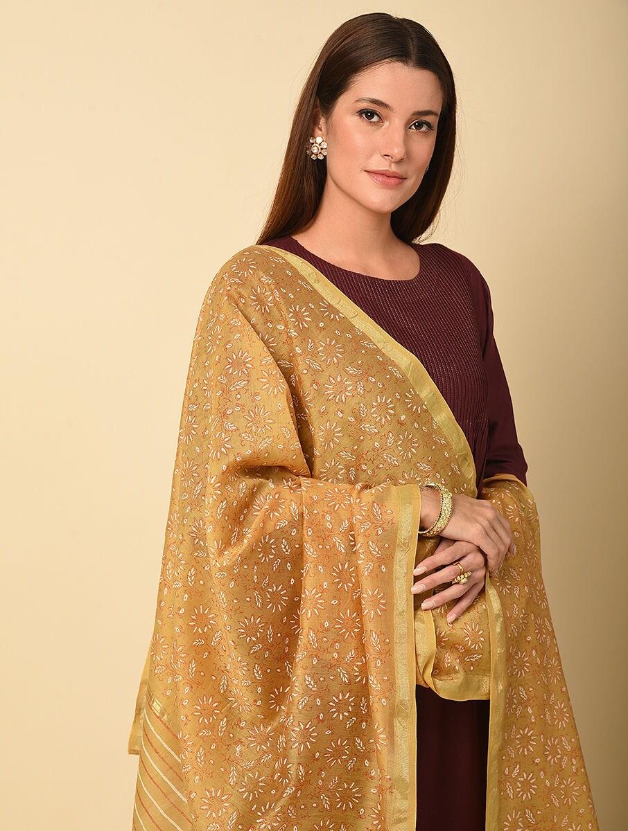 women yellow cotton silk block print dupatta