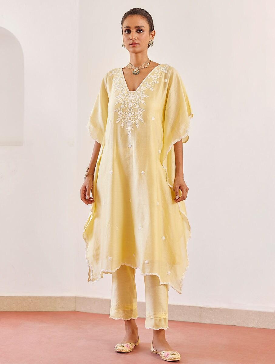 women yellow cotton silk embroidered v neck kaftan