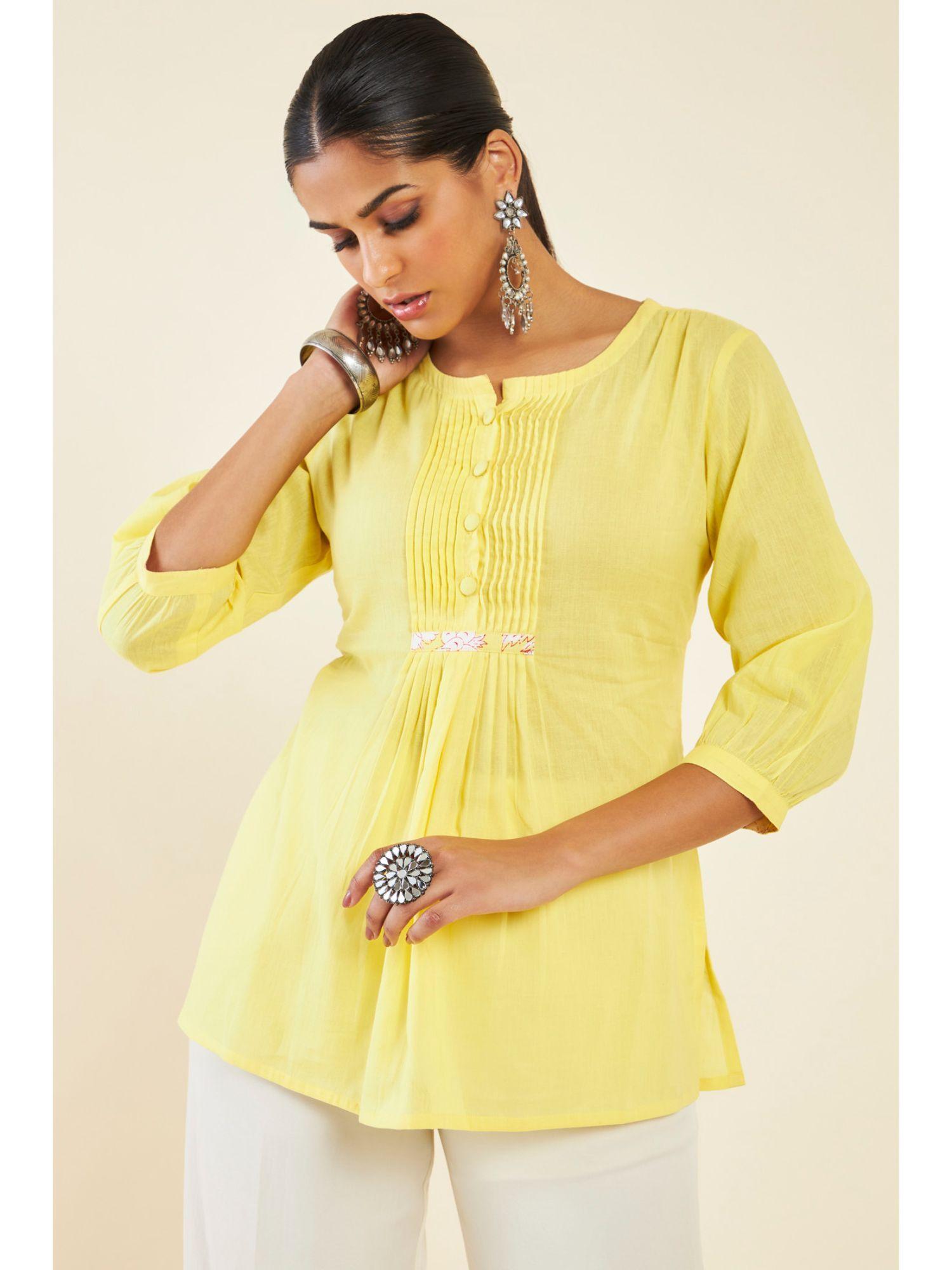 women yellow cotton solid/plain tunic