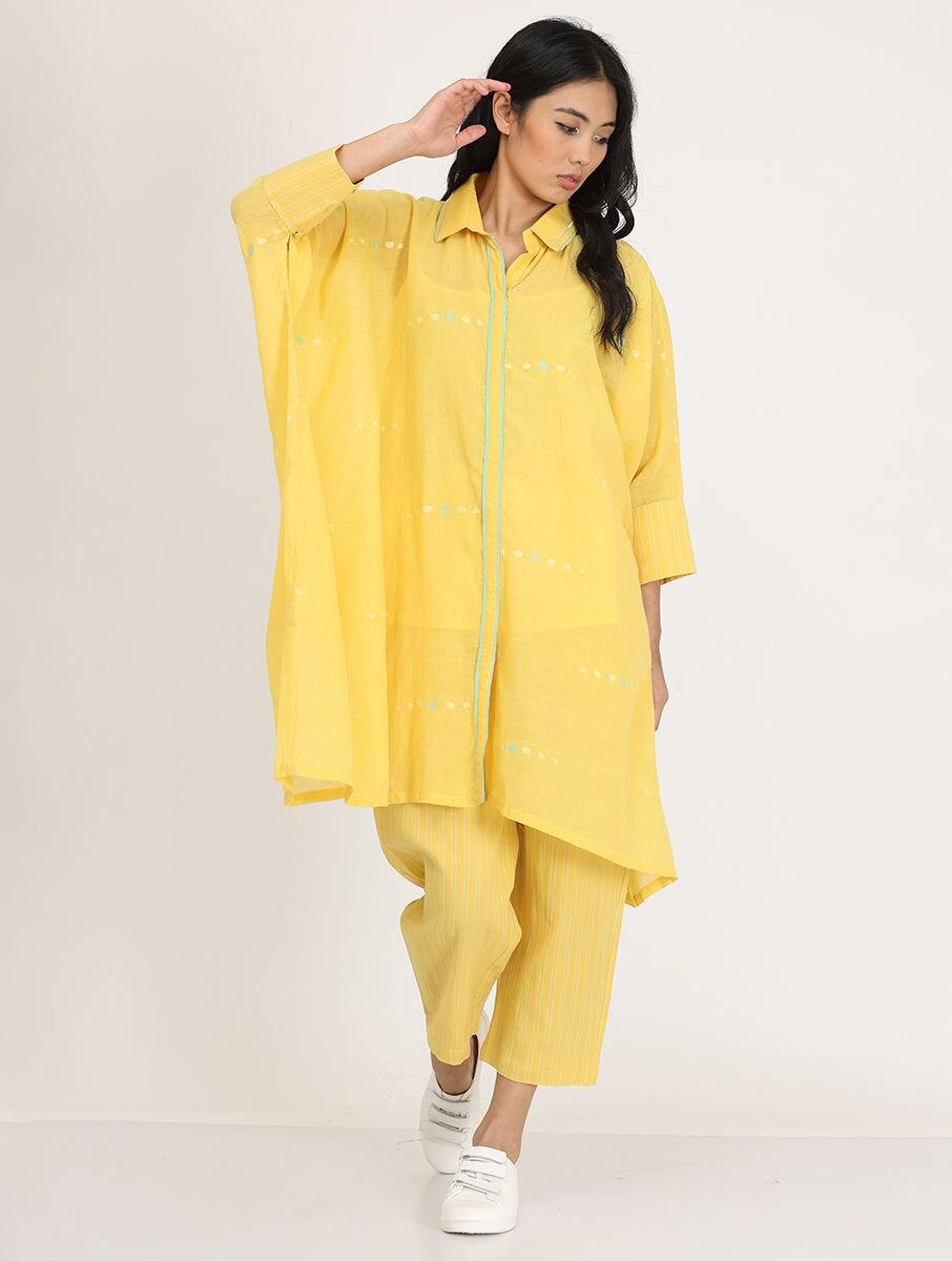 women yellow cotton solid shirt collar kaftan
