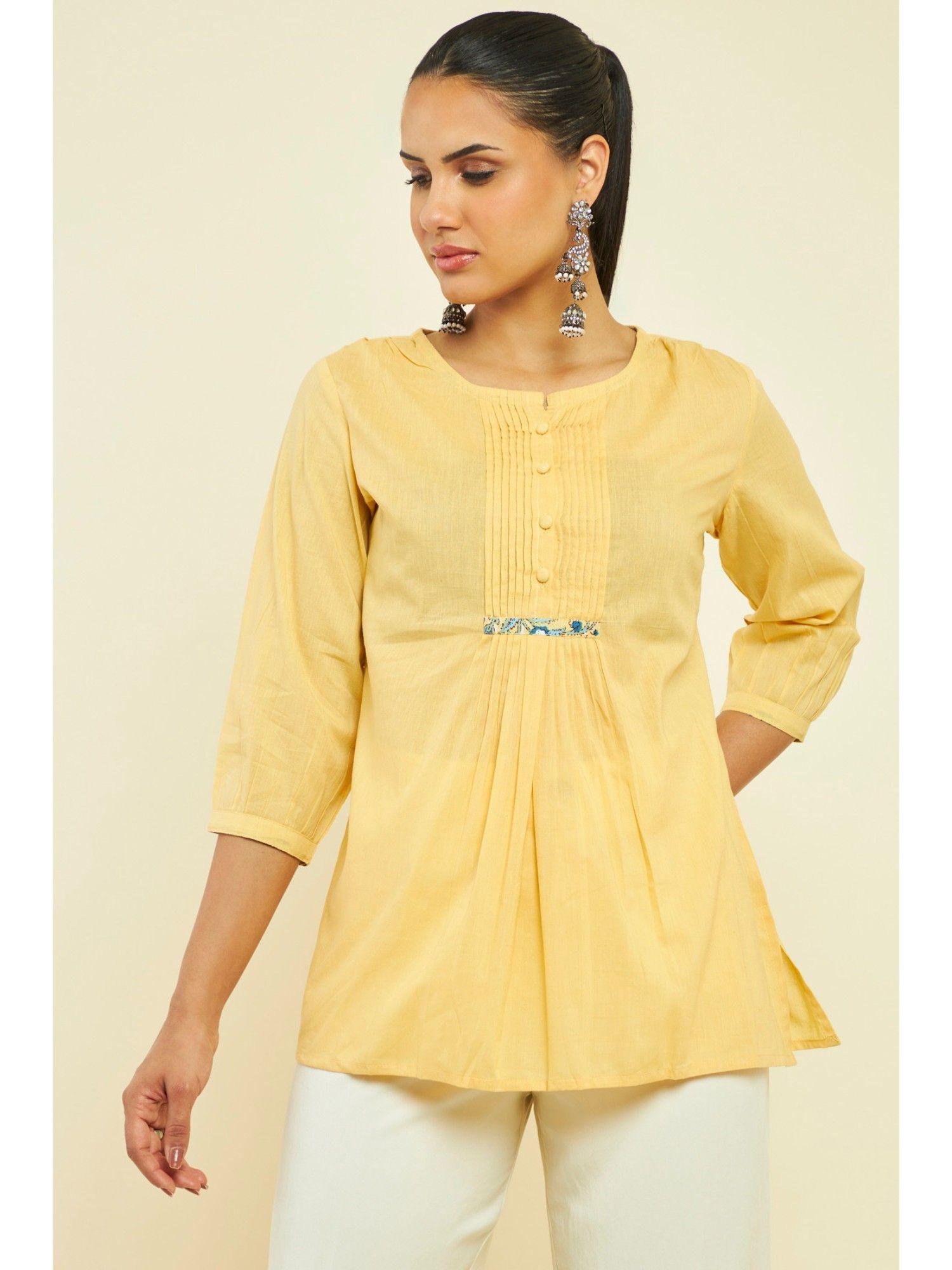 women yellow cotton solid tunic