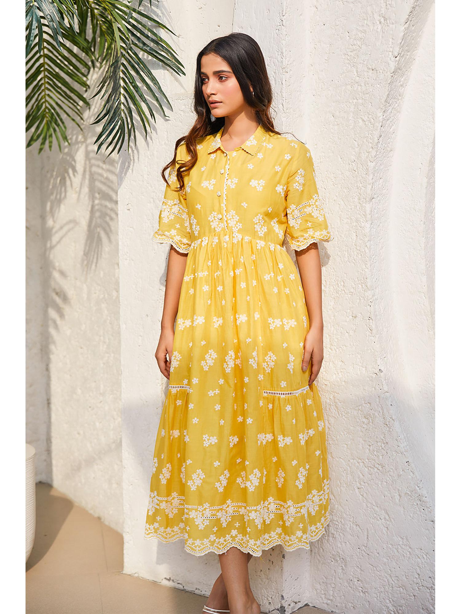 women yellow cotton tiered embroidered dress (set of 2)