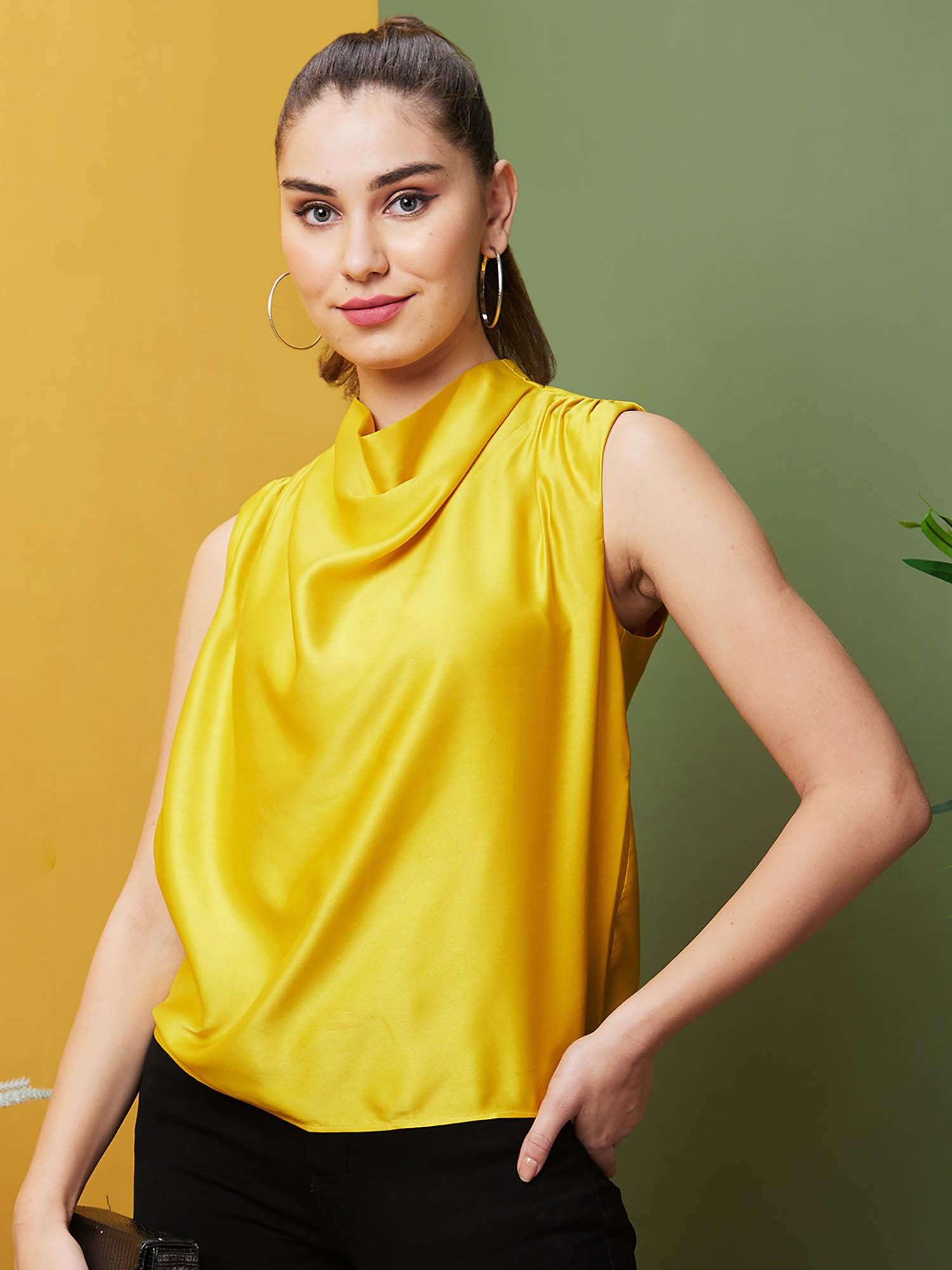 women yellow cowl neck gathered shoulder satin party top