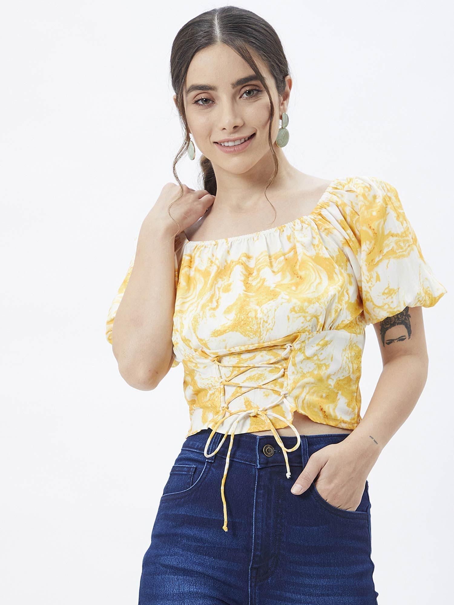 women yellow crepe half sleeves tie & dye top