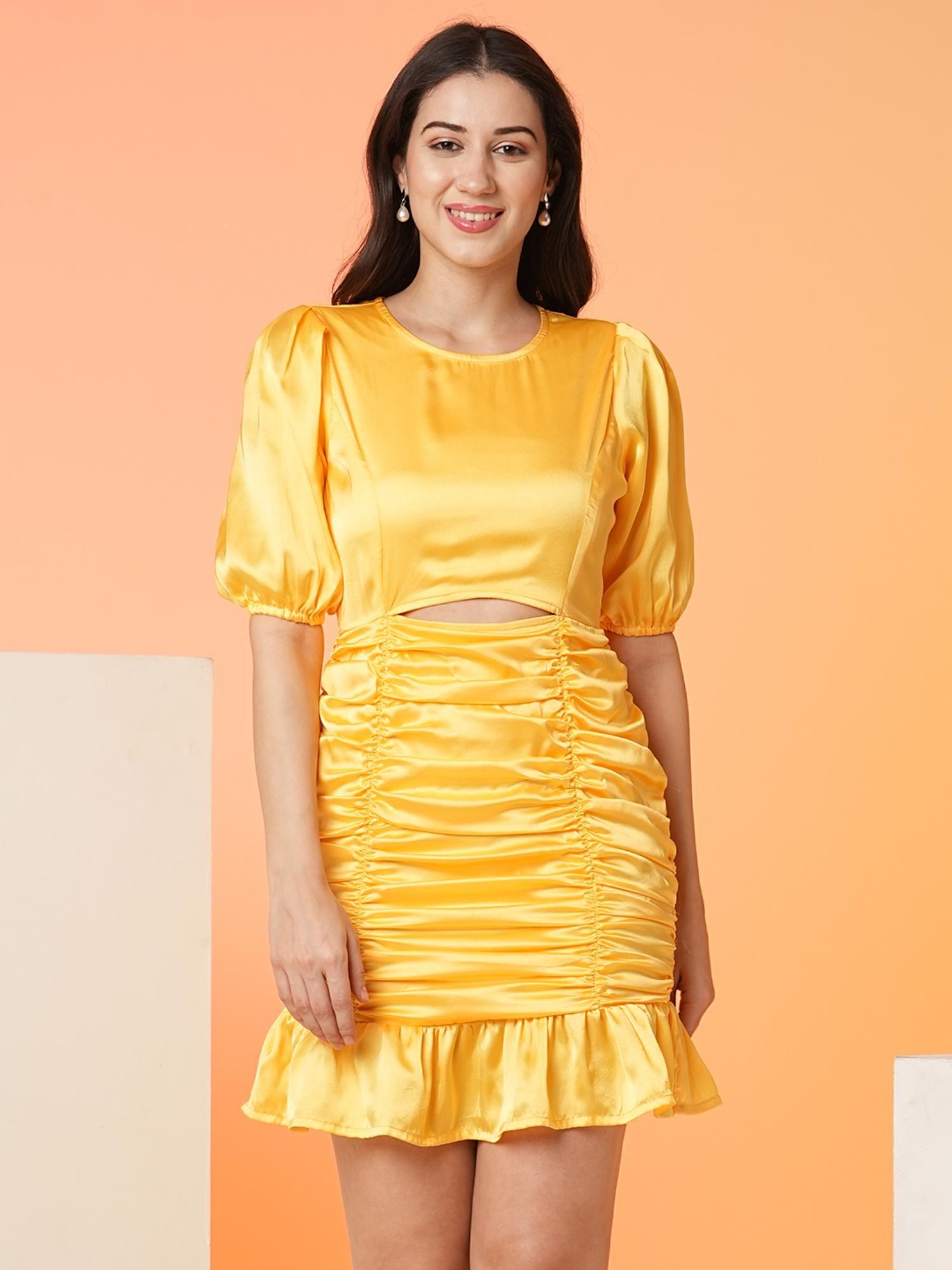 women yellow cut outs ruched slim fit bodycon party dress