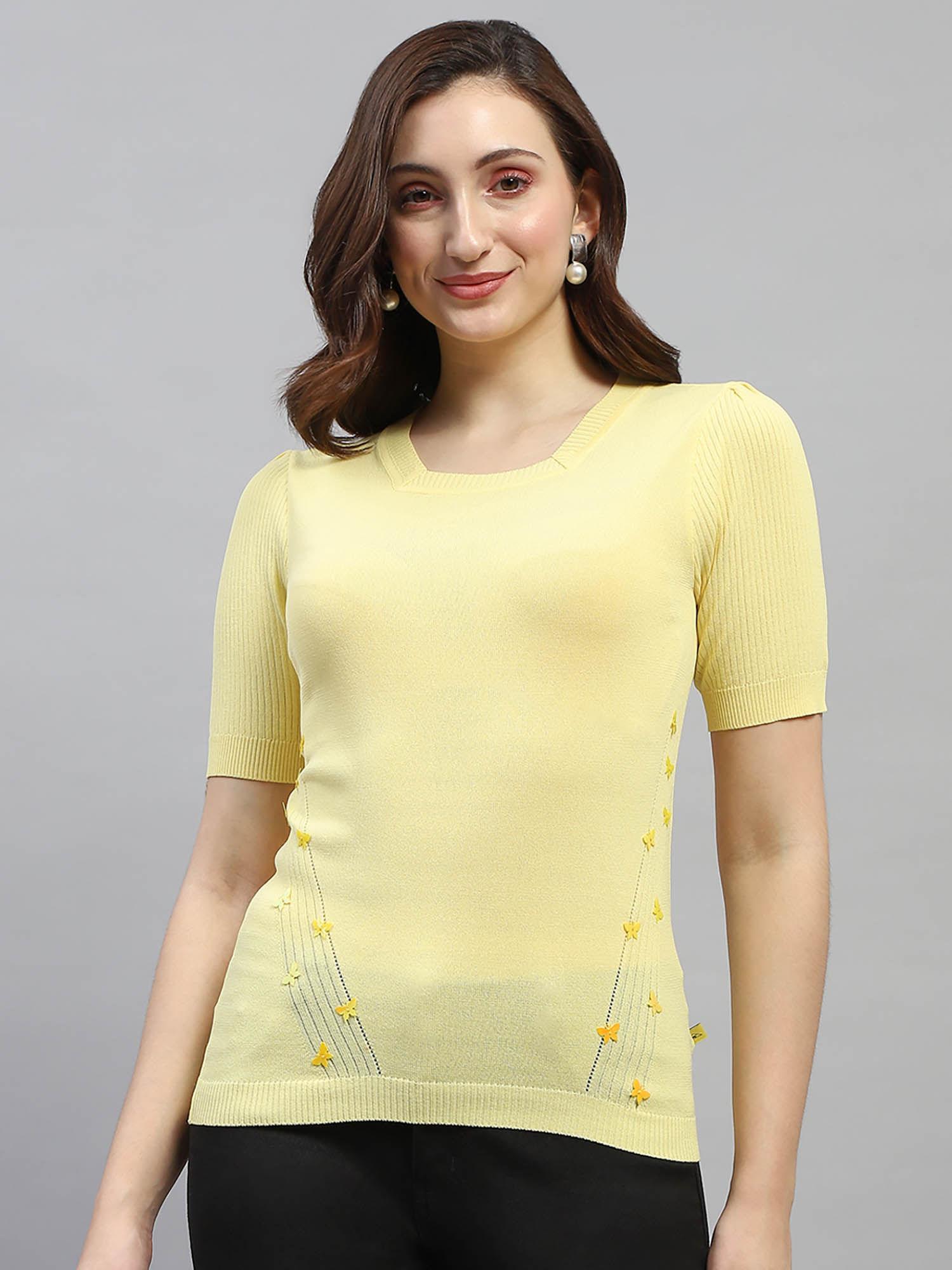 women yellow embellished half sleeves square neck top