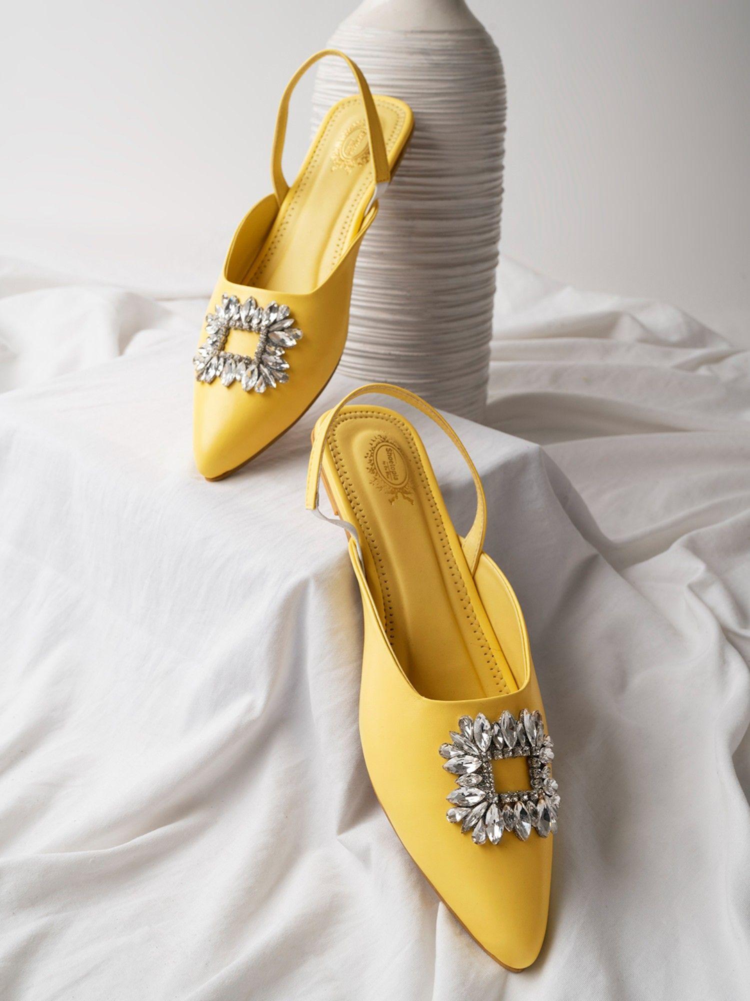 women yellow embellished mules