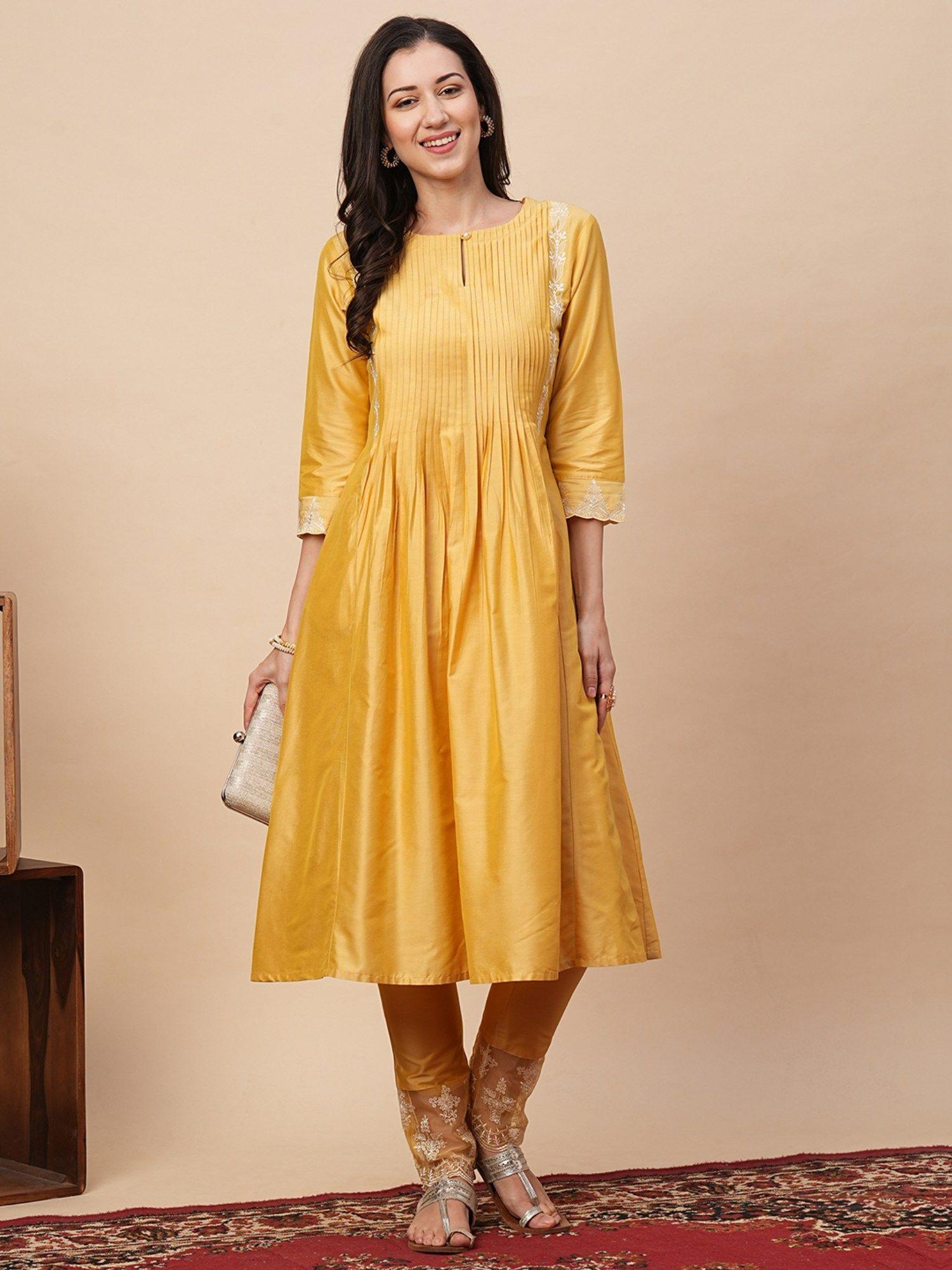 women yellow embroidered a-line kurta with pants (set of 2)