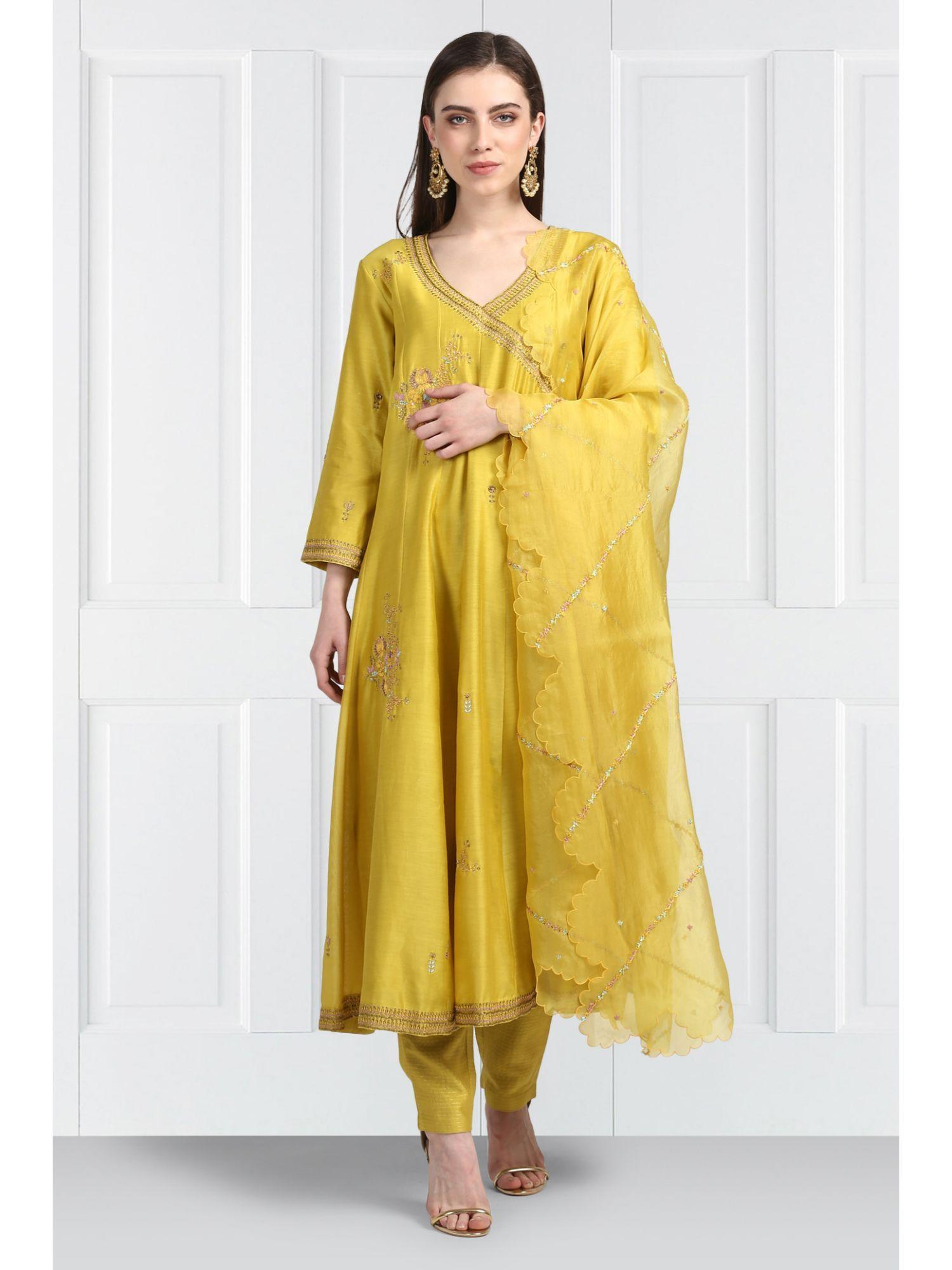 women yellow embroidered anarkali kurta with pant & dupatta (set of 3)