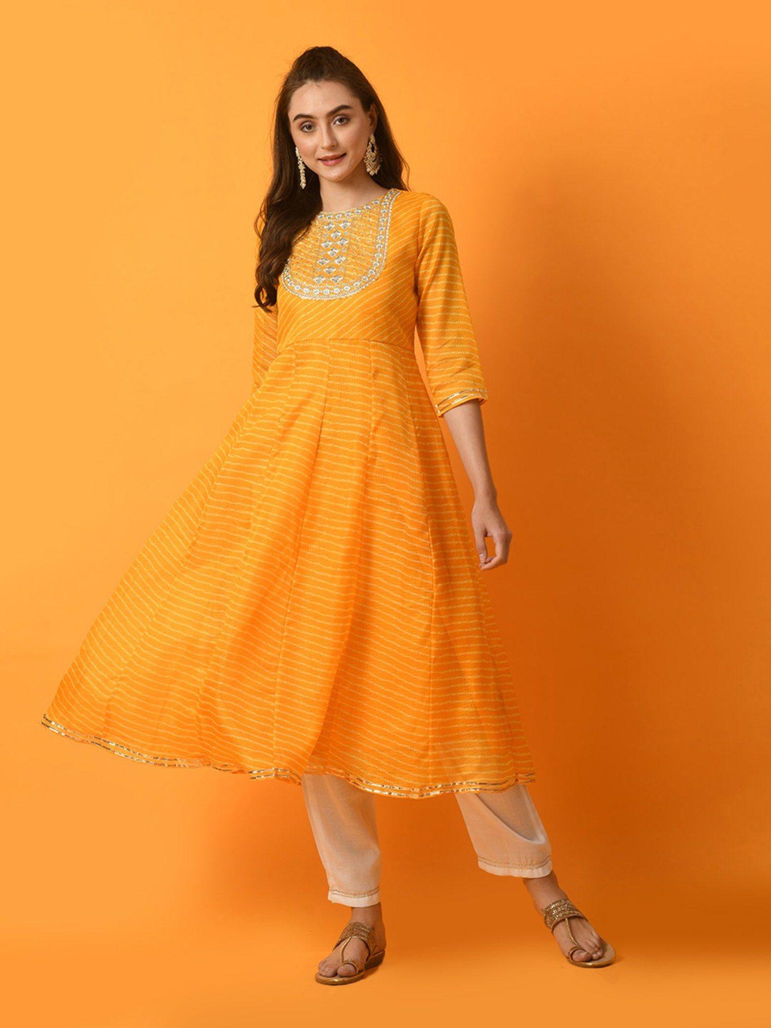 women yellow embroidered leheriya anarkali kurta