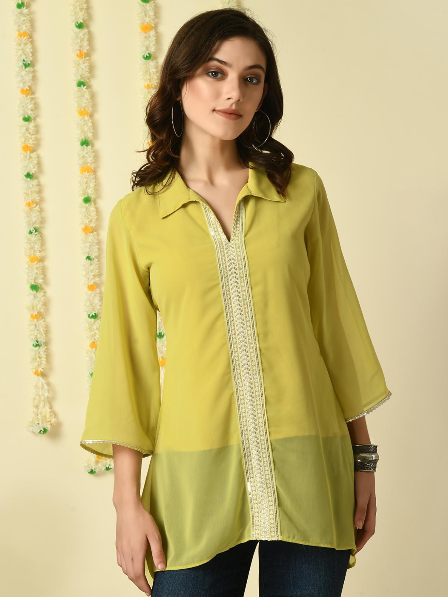 women yellow embroidered party fusion tunic