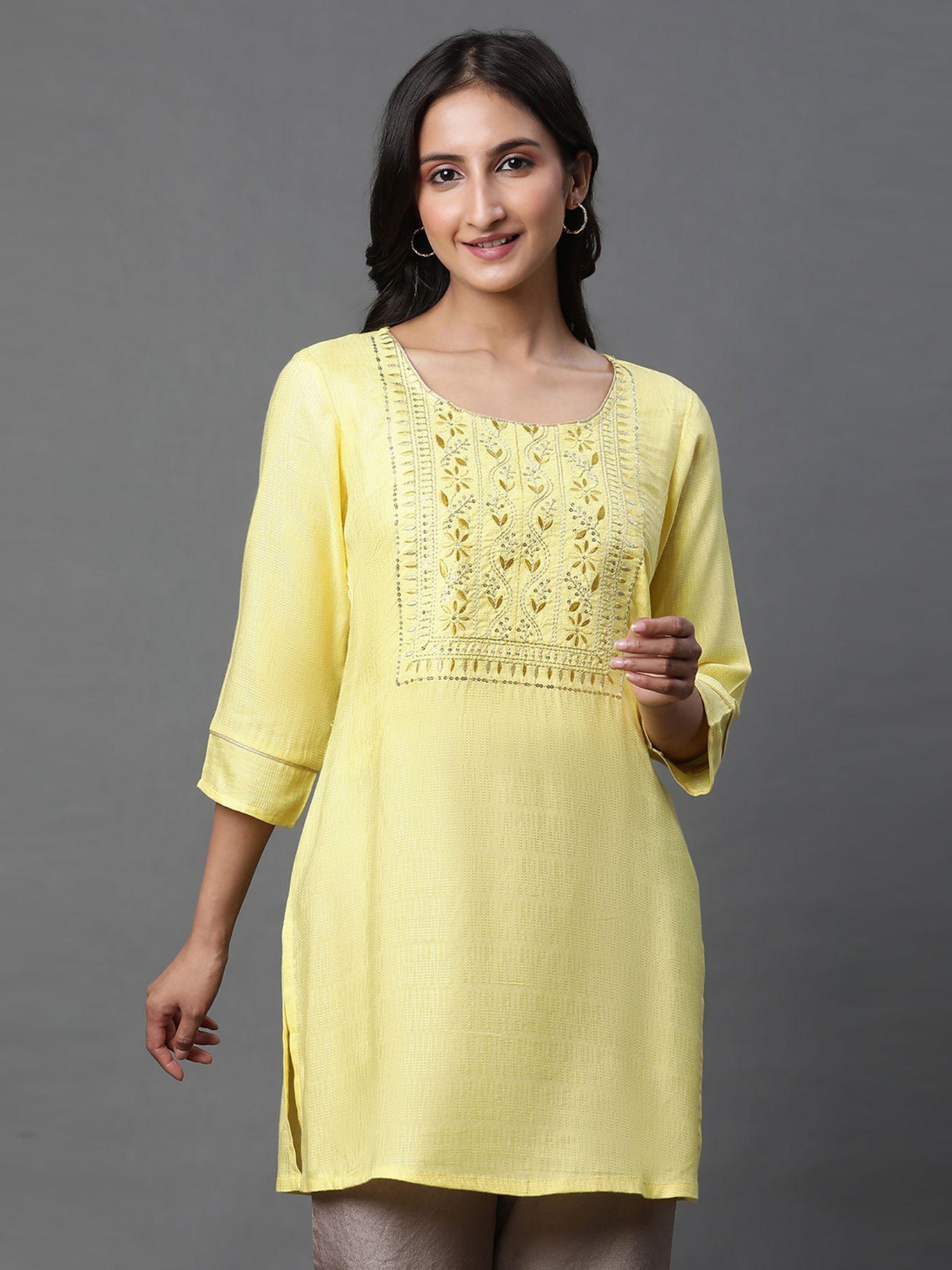 women yellow embroidered three fourth sleeves round neck kurti