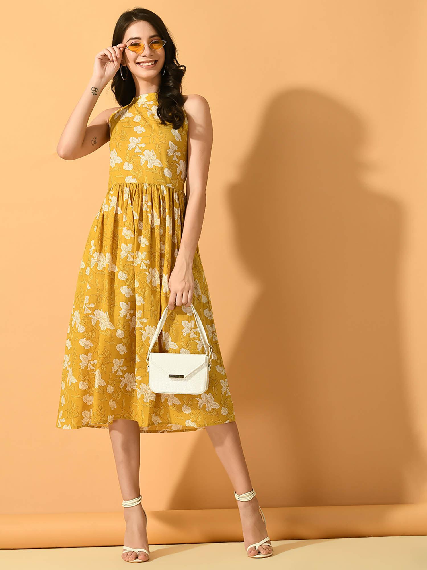 women yellow fit and flare party dress