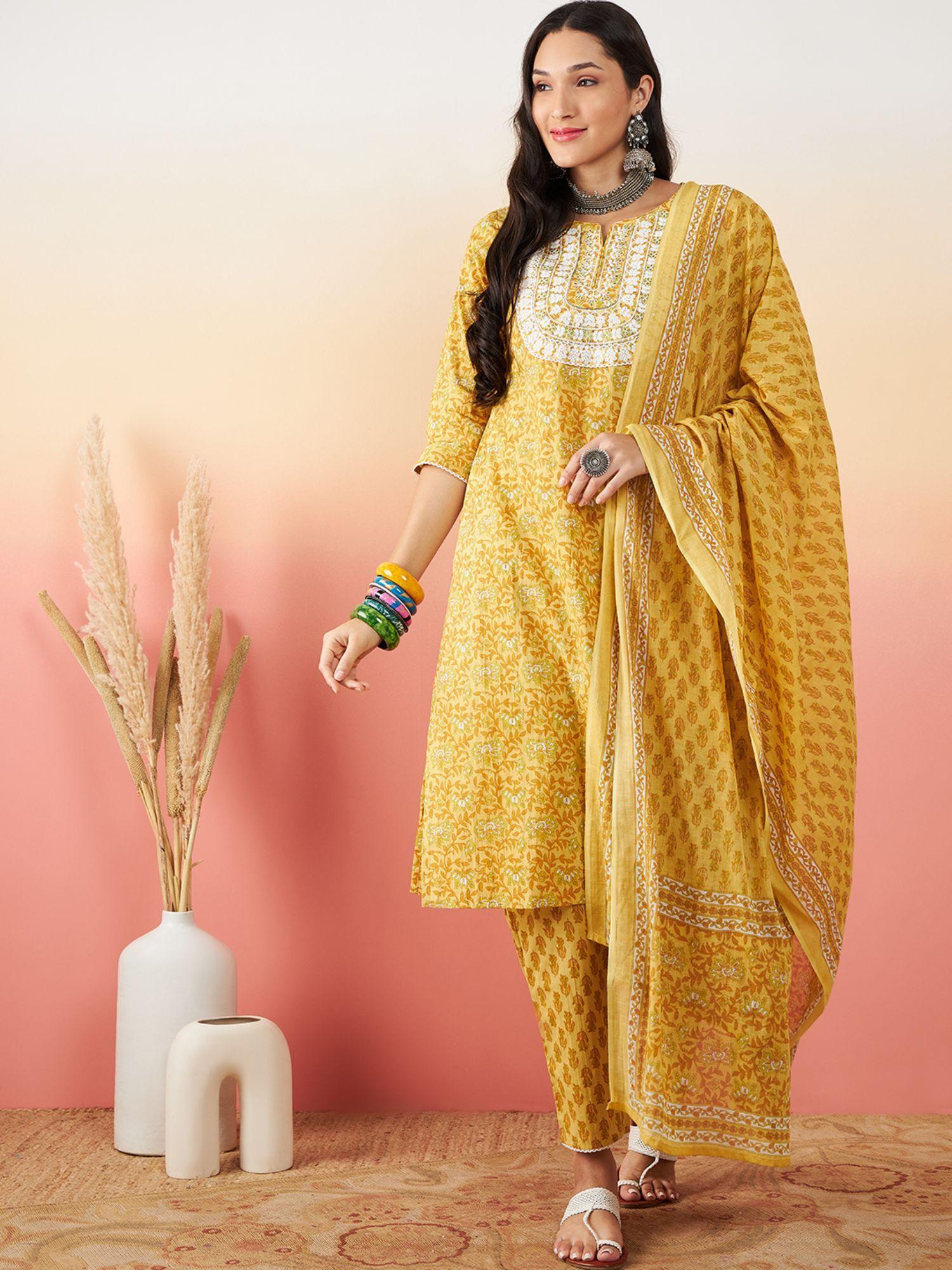 women yellow floral and embroidered kurta with pant and dupatta (set of 3)