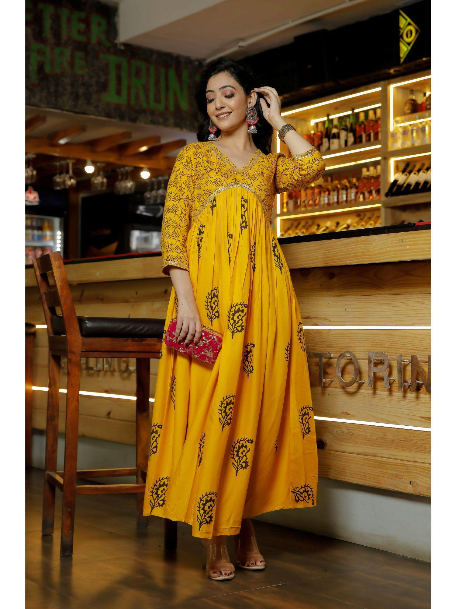 women yellow floral block print flared kurta