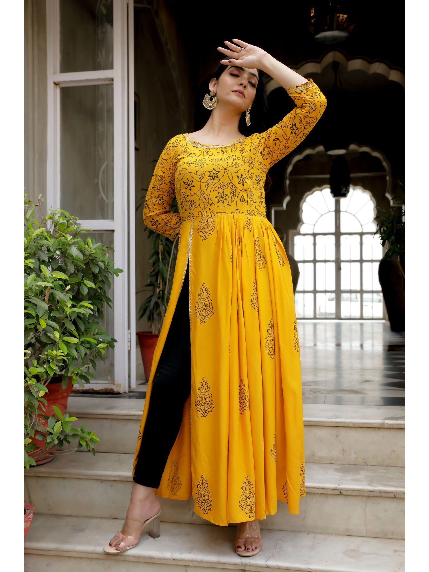 women yellow floral block print side slit kurta