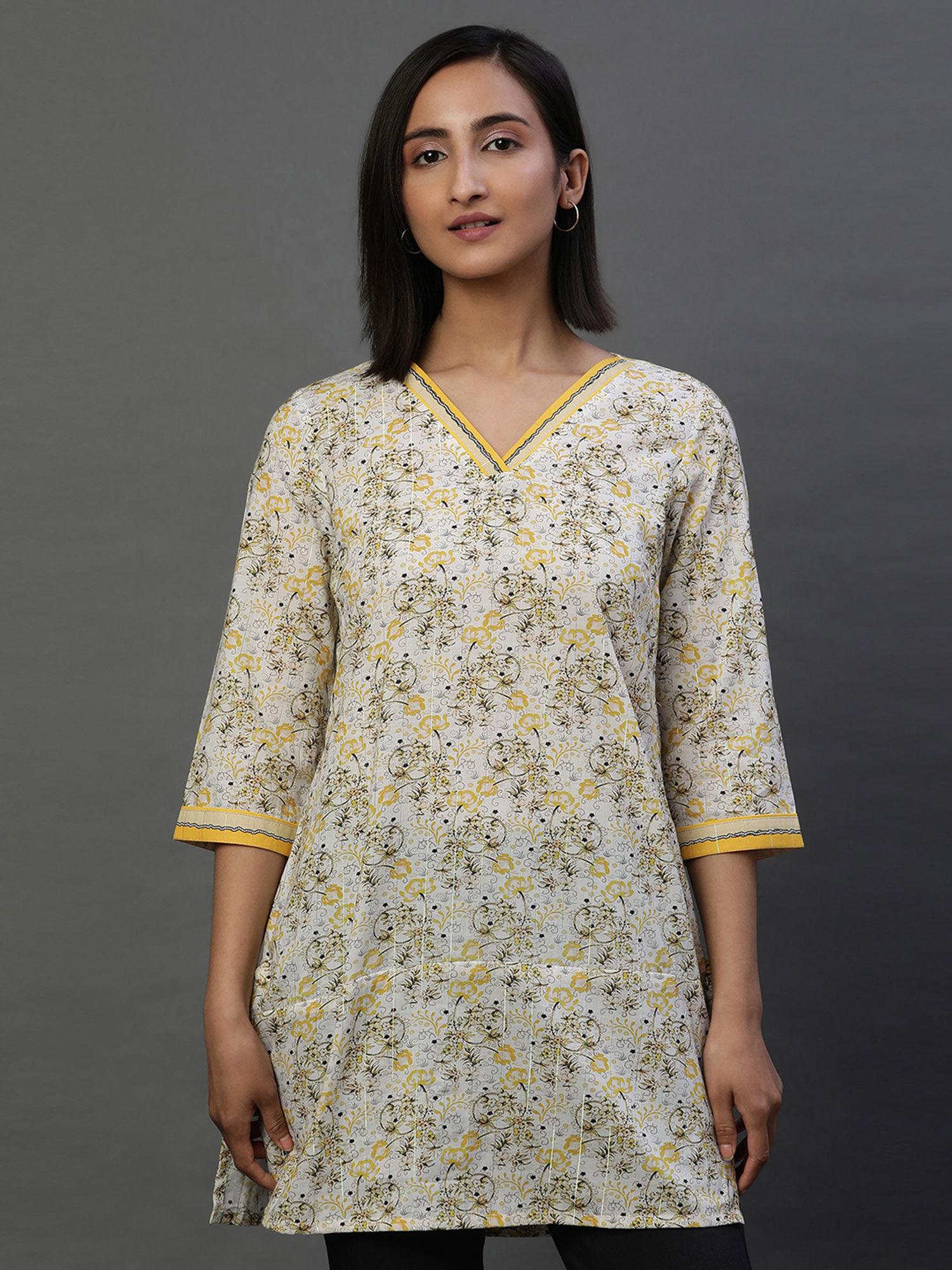 women yellow floral cotton kurti