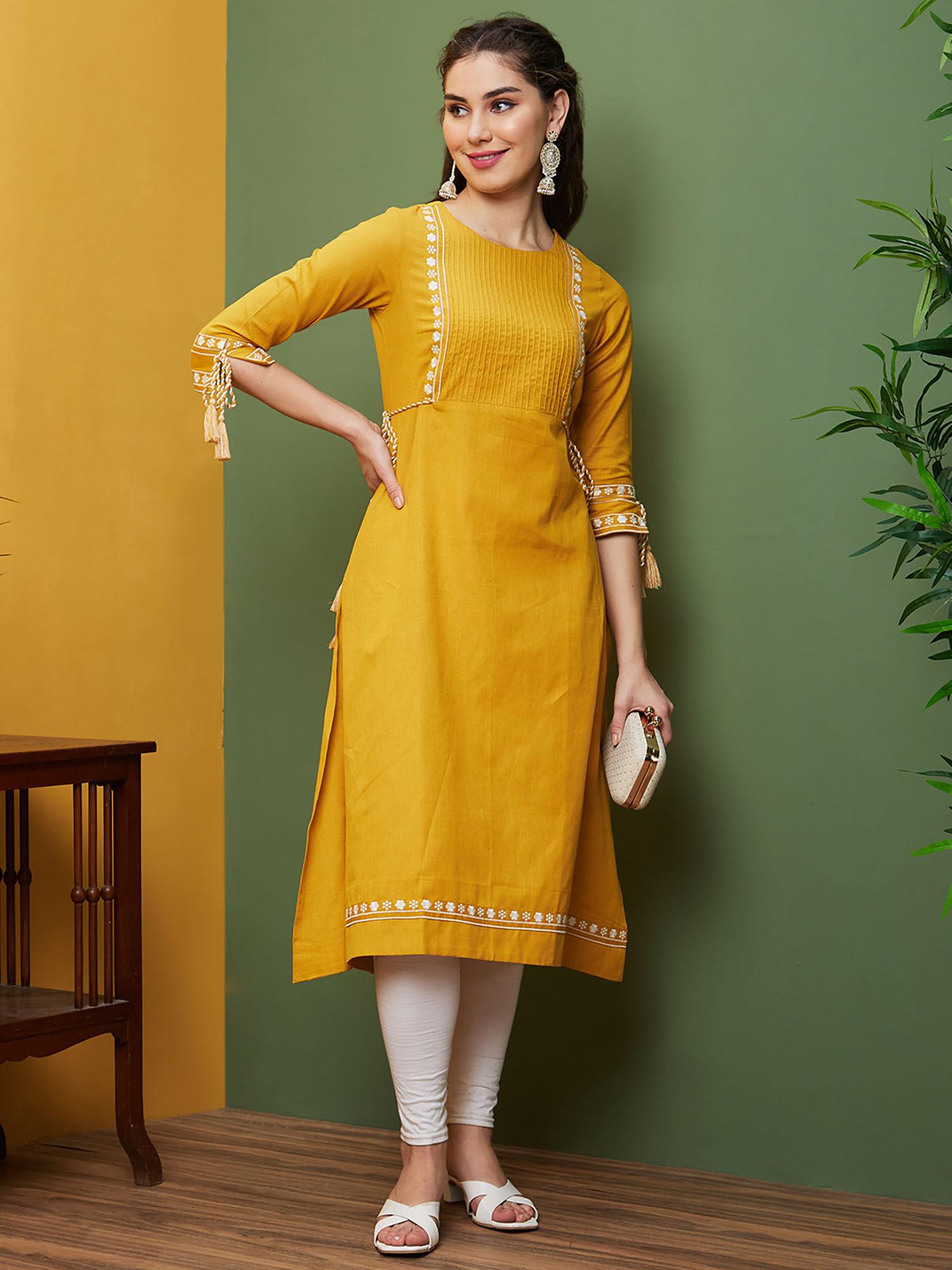 women yellow floral embroidered & accordion pleated yoke a-line kurta