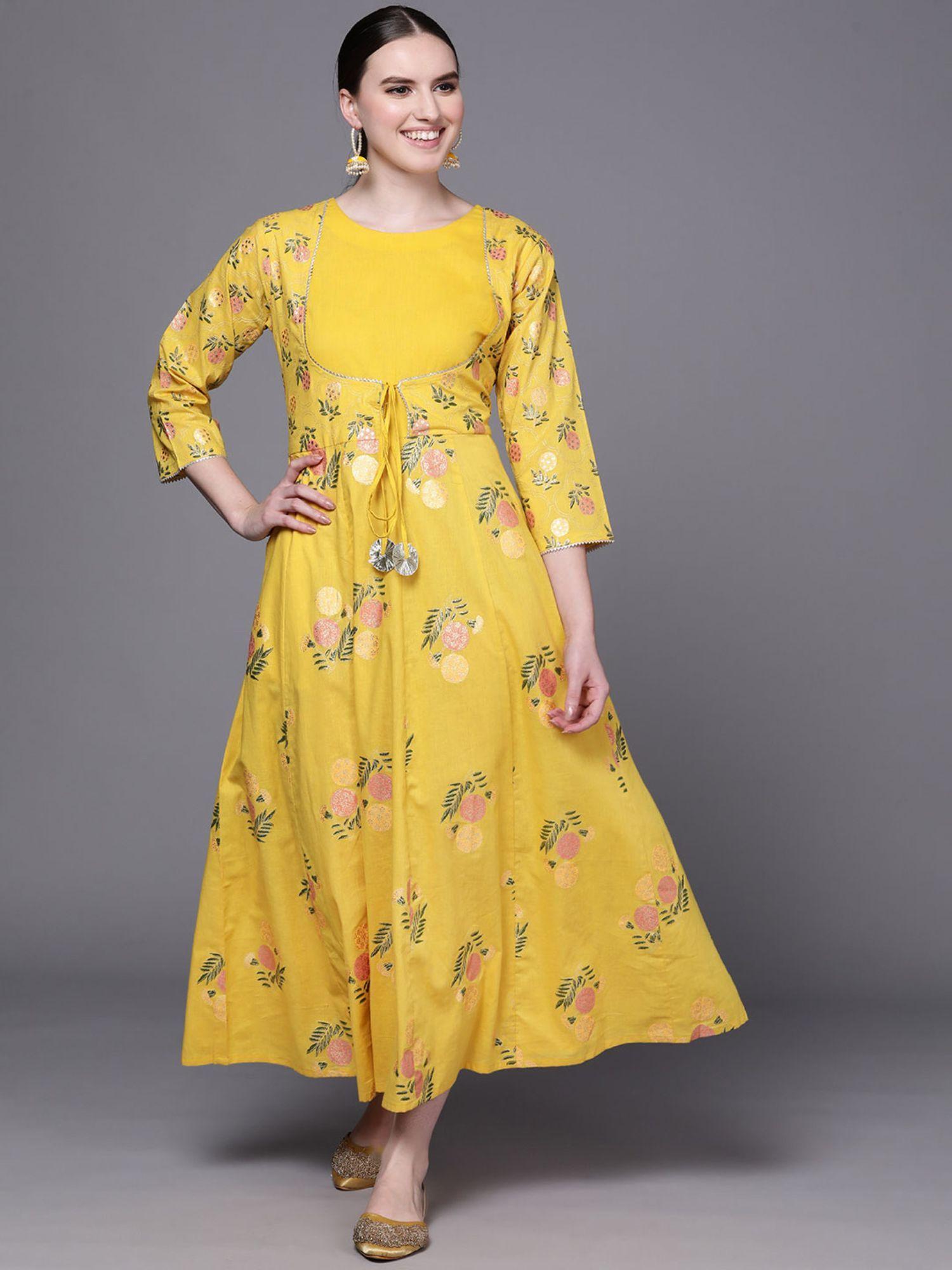 women yellow floral fit flare maxi ethnic dress