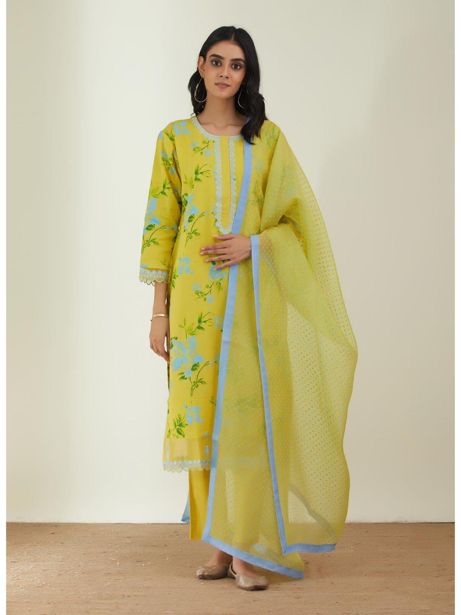 women yellow floral kurta with pant & dupatta (set of 3)