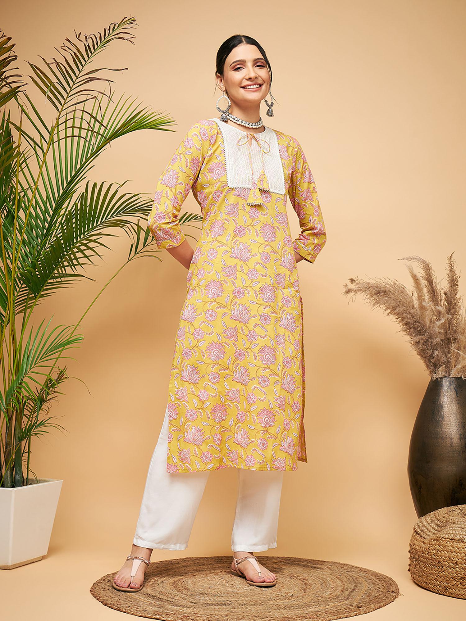 women yellow floral kurta