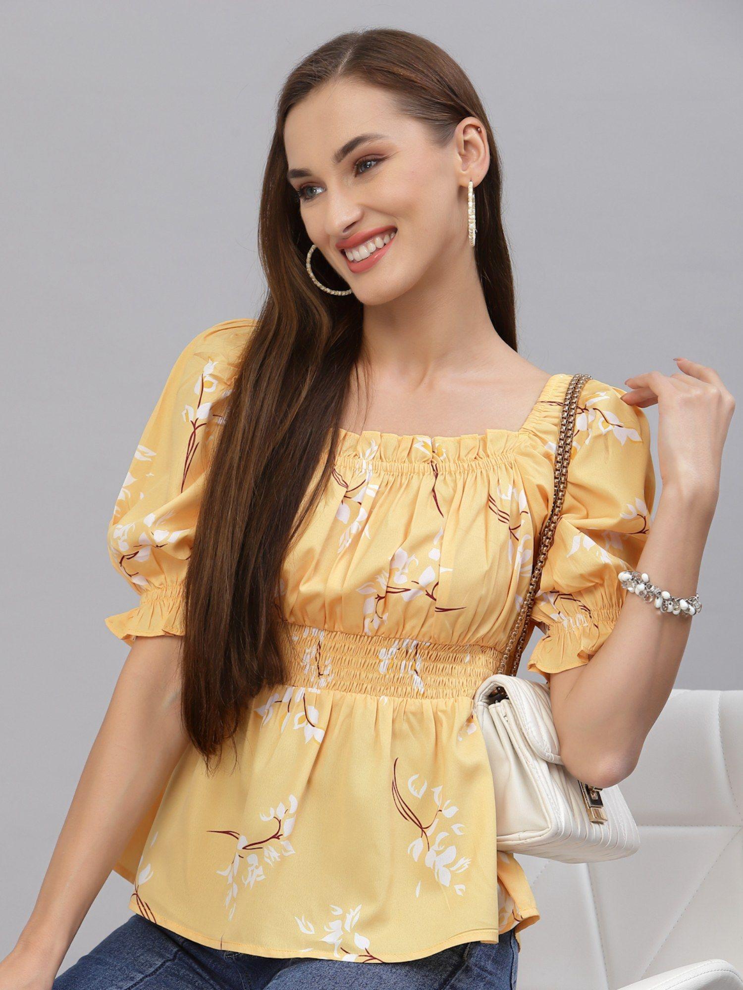 women yellow floral print cinched waist top