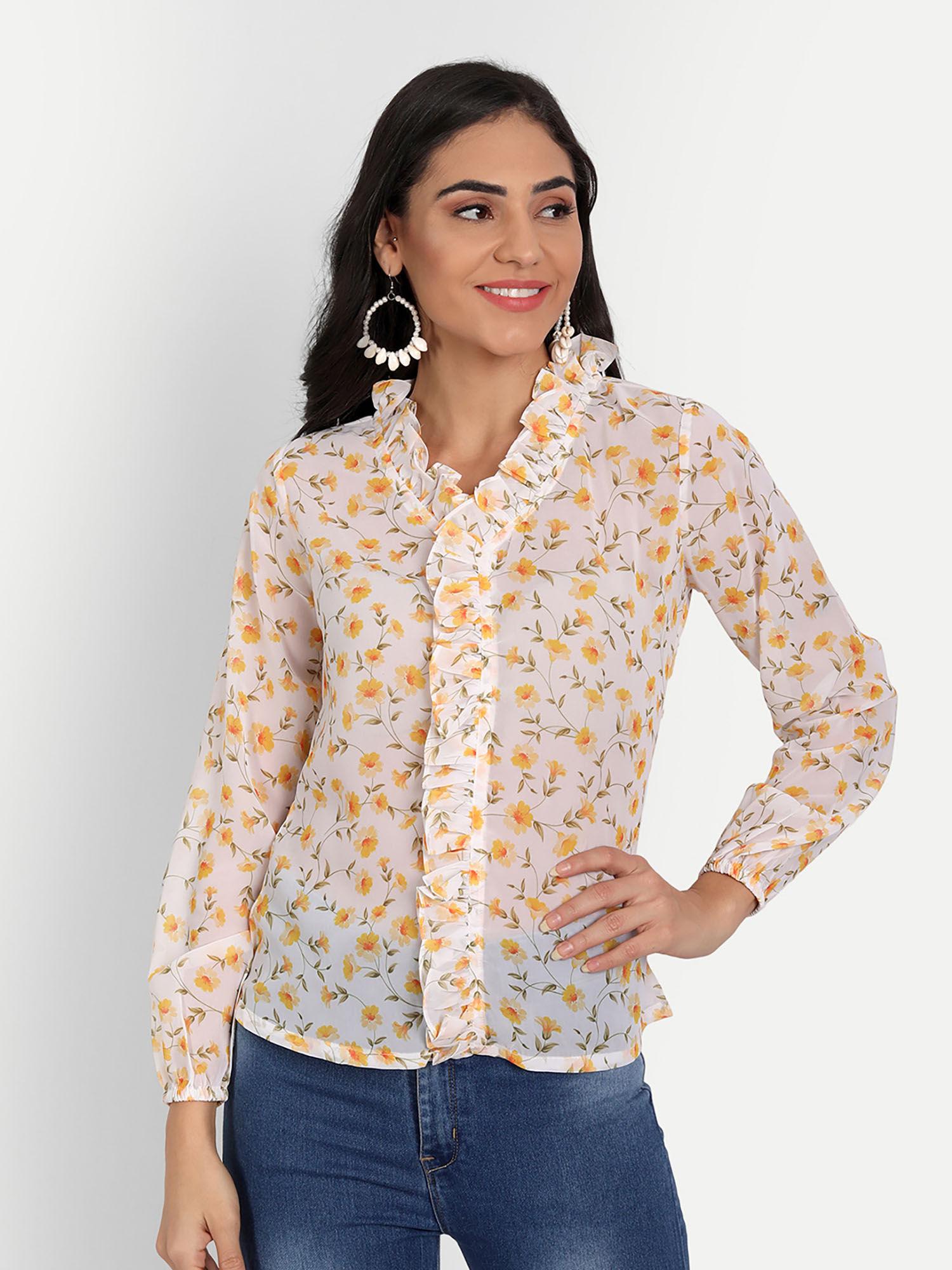 women yellow floral print georgette shirt style top