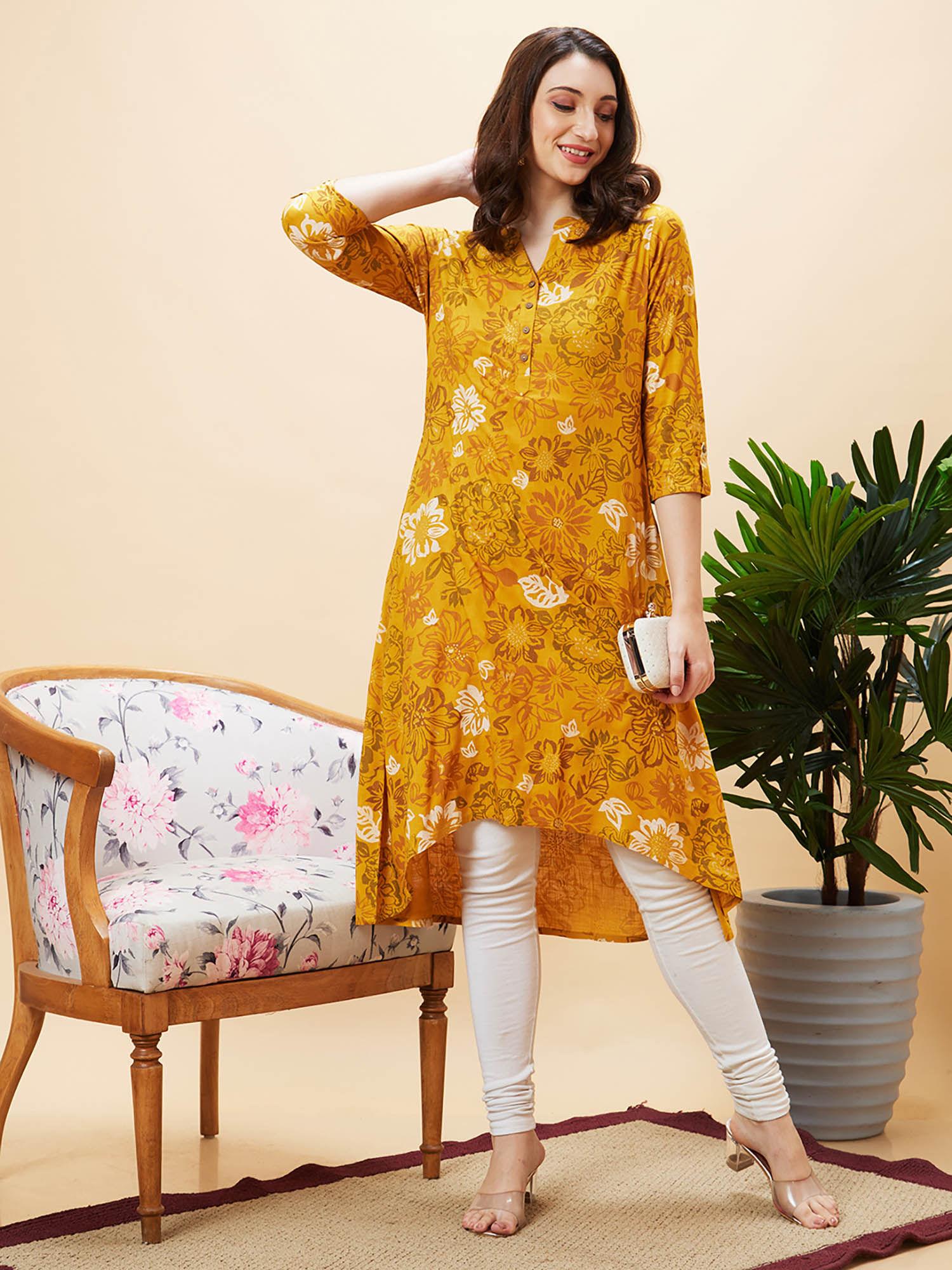 women yellow floral print mandarin collar a-line kurta