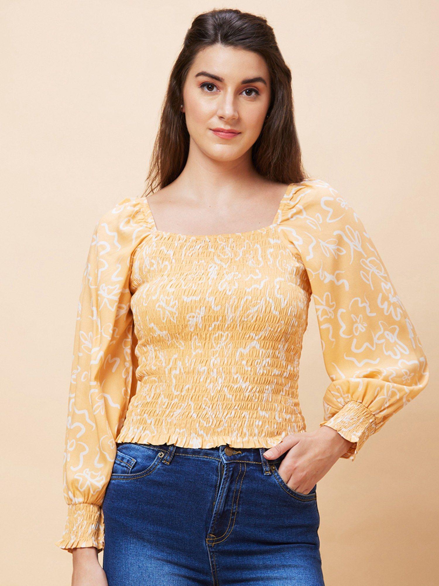 women yellow floral print square neck smocked casual top