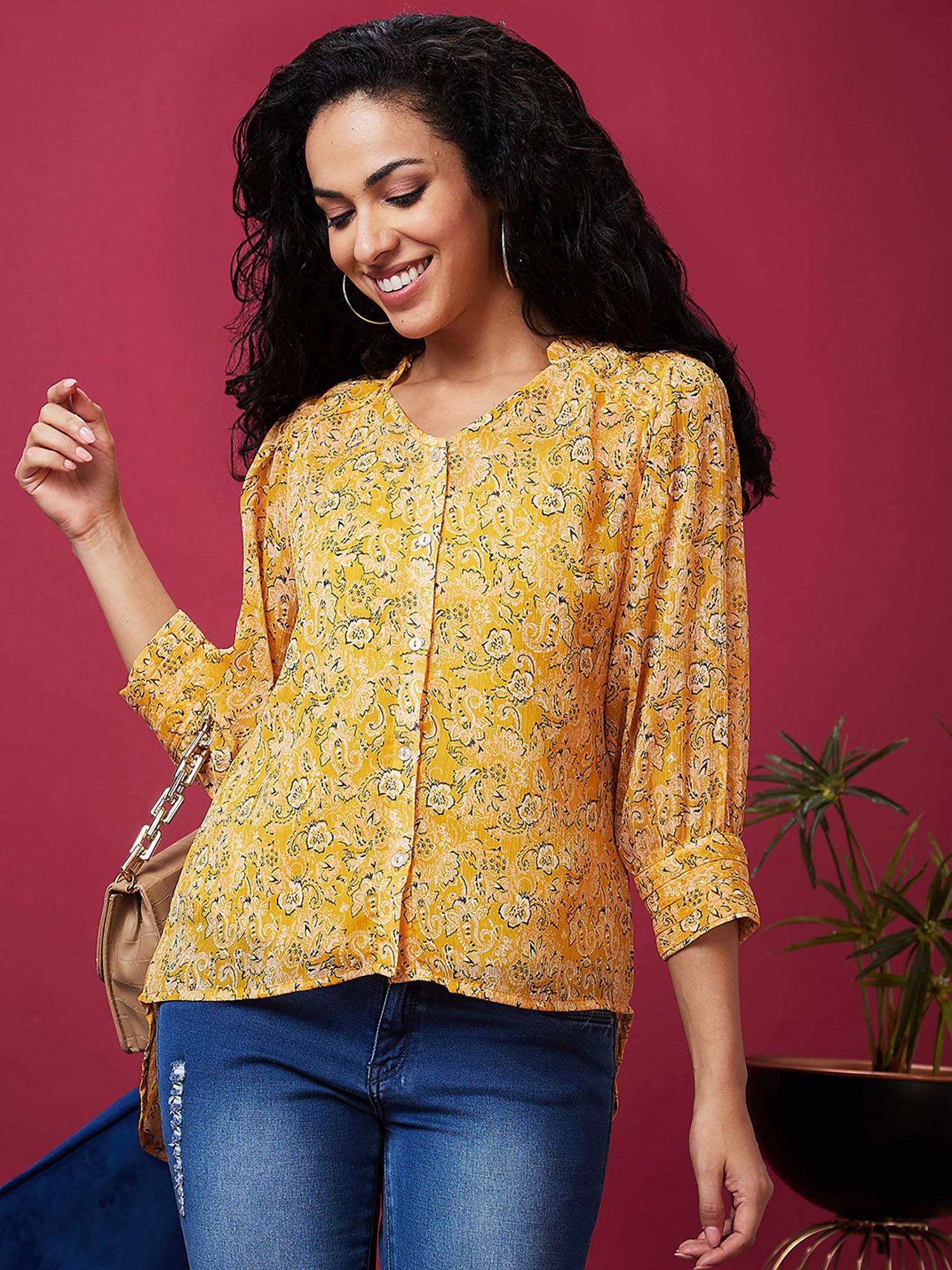 women yellow floral print v-neck cuffed sleeves ruffle top with inner (set of 2)