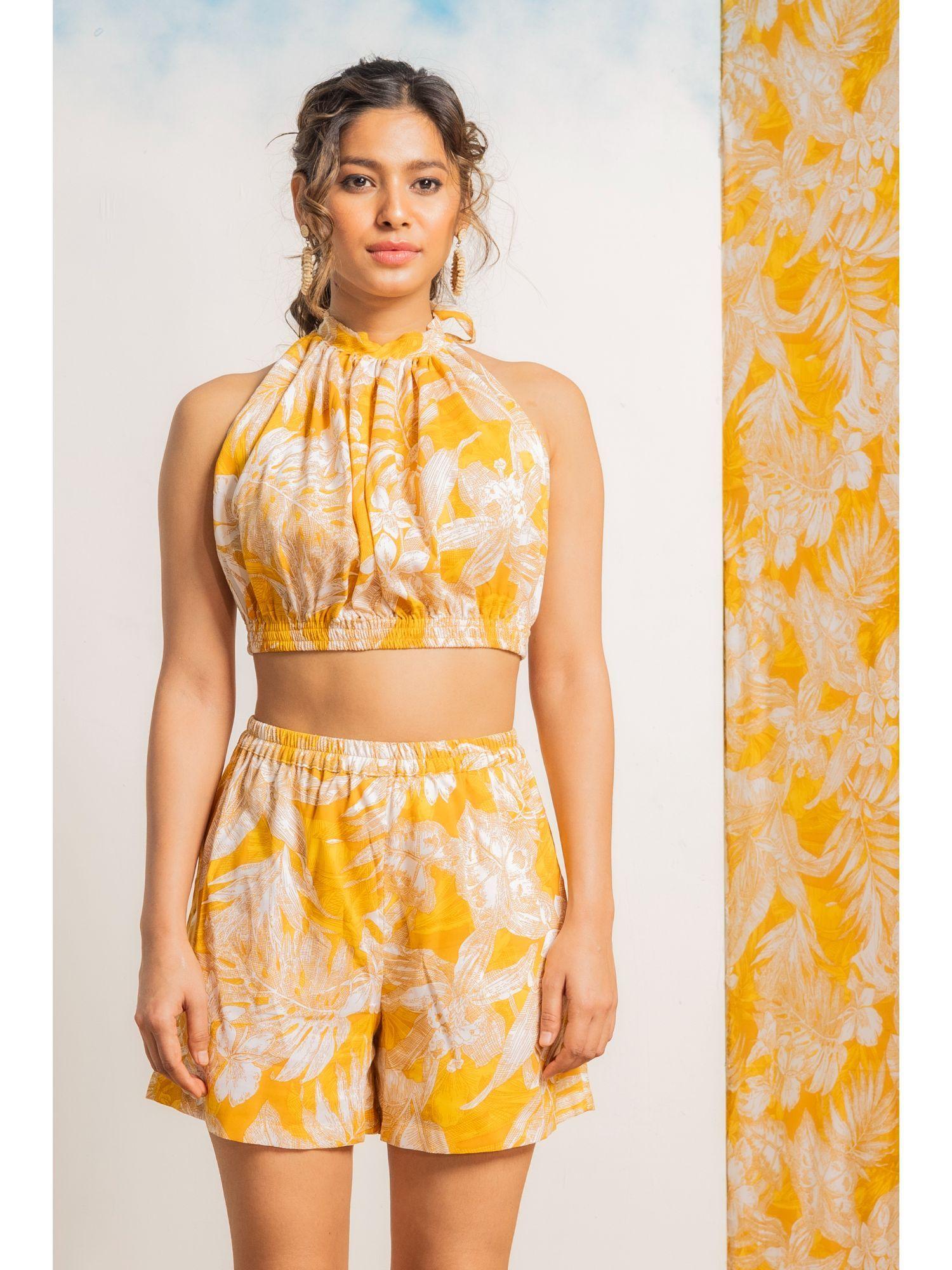 women yellow floral printed beachwear co-ord (set of 2)